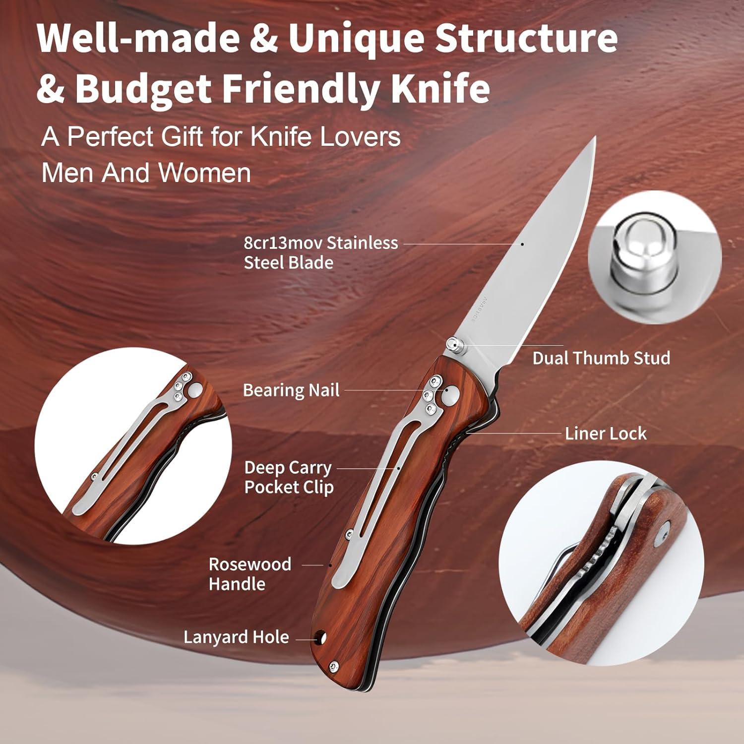 Cuchillo de bolsillo Vickay con mango de madera de rosa 9.5 cm