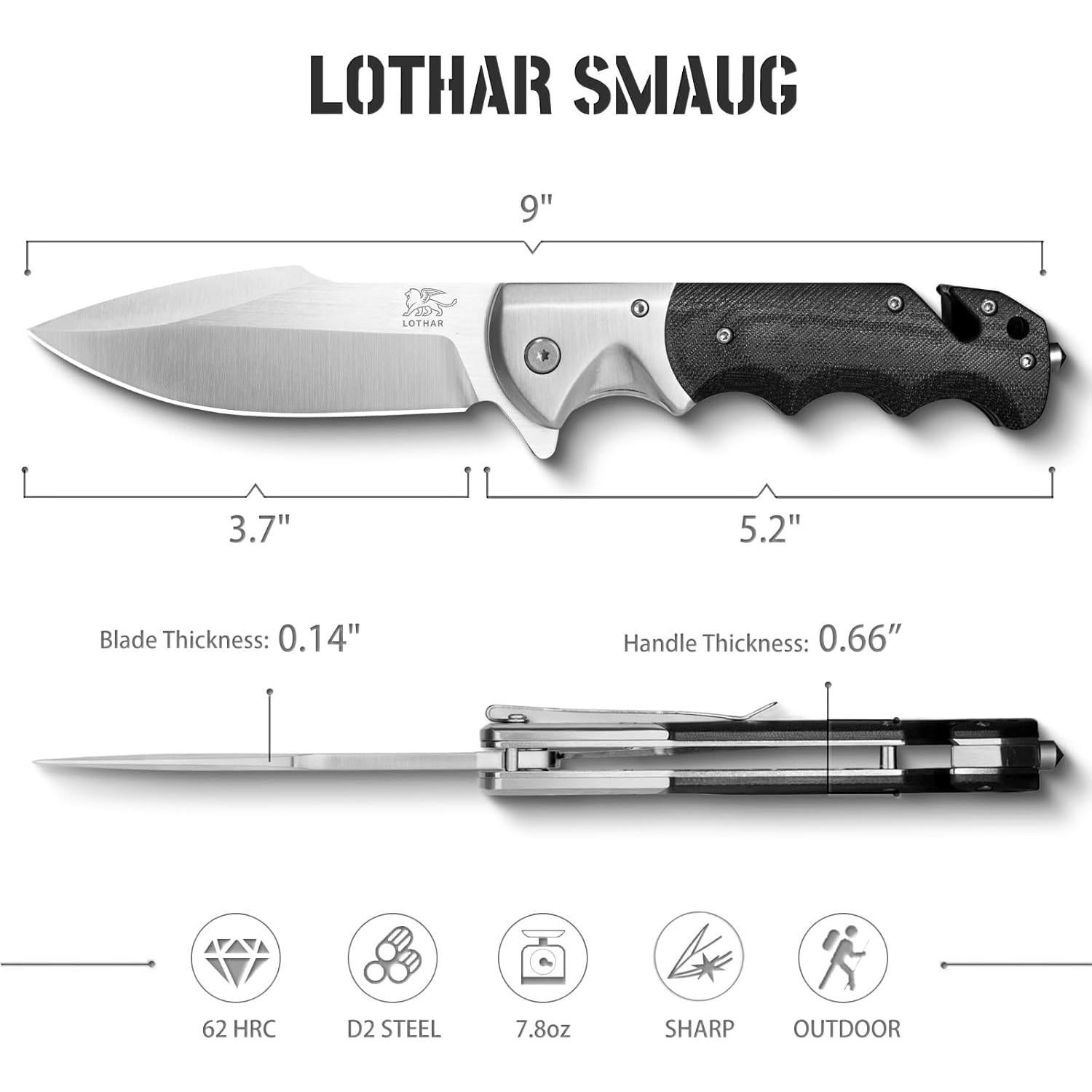 Cuchillo de bolsillo LOTHAR SMAUG, acero D2 9.4 cm, G10