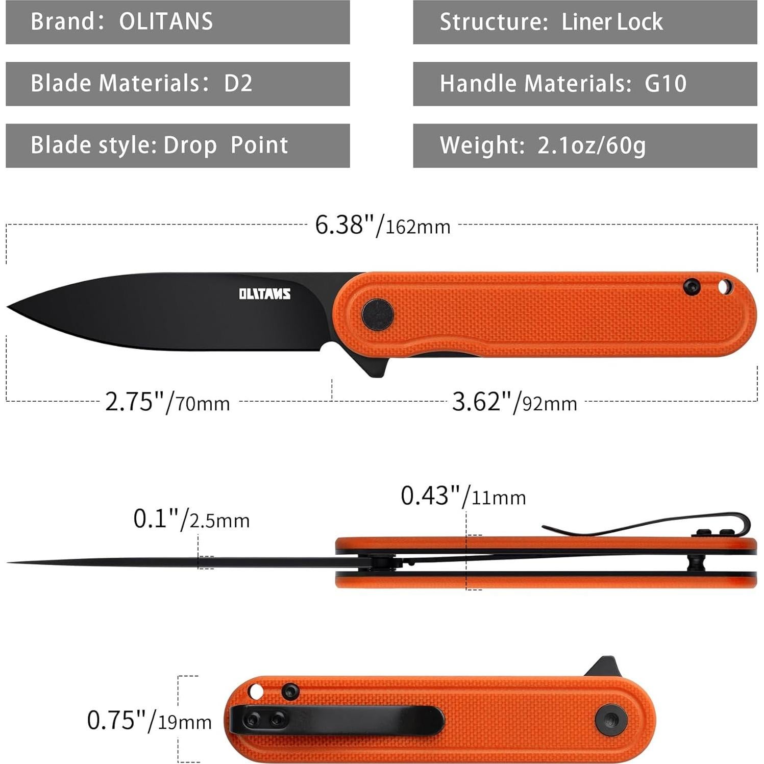 Cuchillo de bolsillo OLITANS G040, acero D2 6.99 cm, mango G10