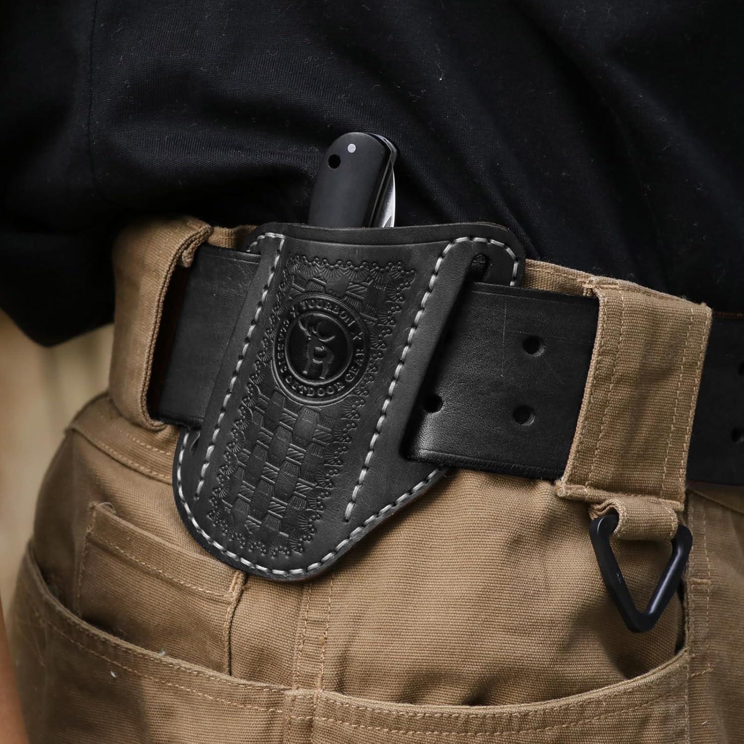 Funda de cuchillo plegable Tourbon de cuero negro EDC 11.43x8.89cm