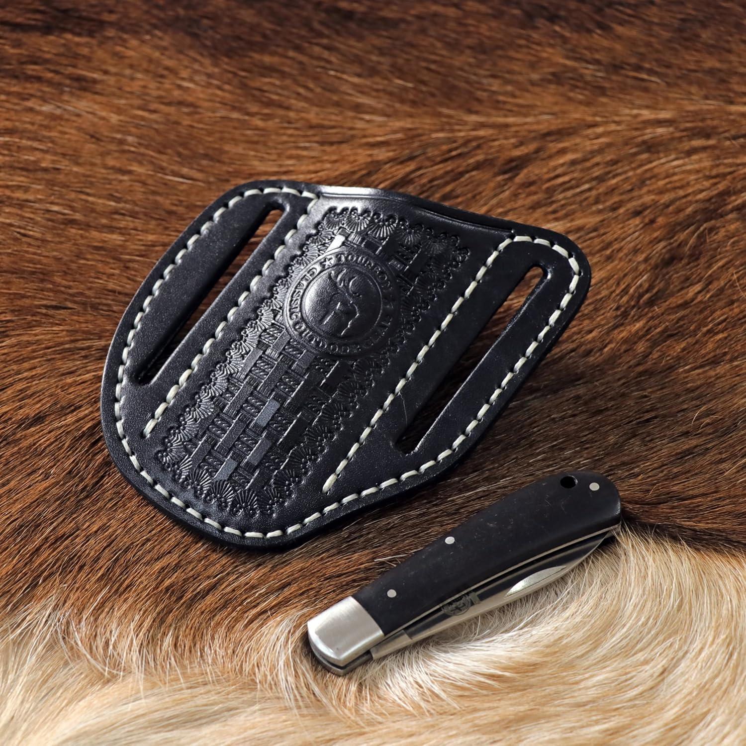 Funda de cuchillo plegable Tourbon de cuero negro EDC 11.43x8.89cm