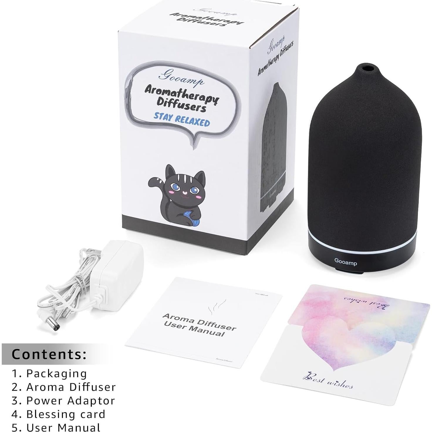 200ML Ceramic Essential Oil Diffuser - Ultrasonic Aromatherapy & Humidifier with 7-Color LED Lights, Auto Shut-Off, Black, 1H/3H/6H Timer | Scent for Home, Office, Yoga