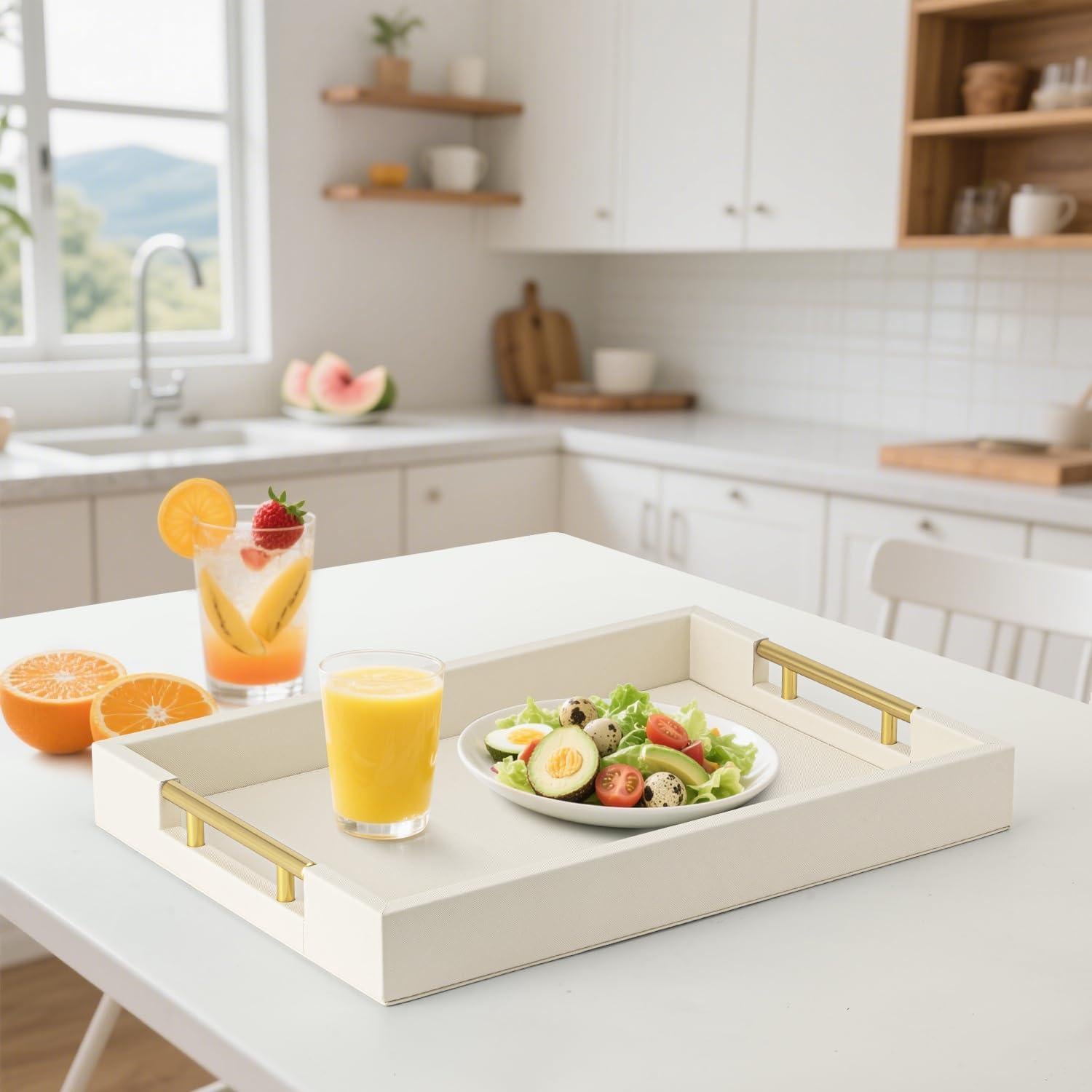 Bandeja Decorativa Grande Beige SYYSY 43.2x30.5cm con Mangos