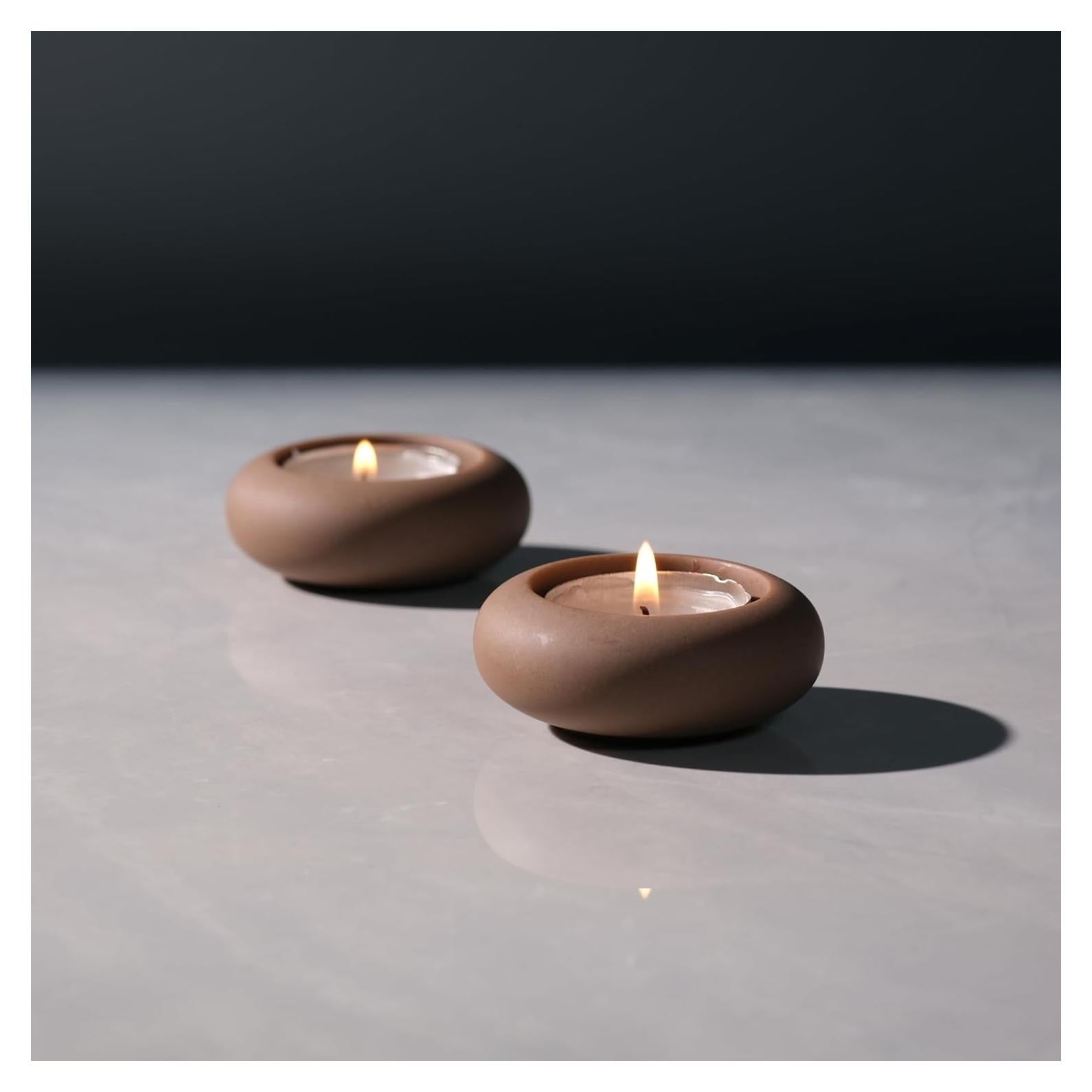 Juego de 2 Portavelas de Té de Cemento Marrón ICNBUYS 6.6 cm