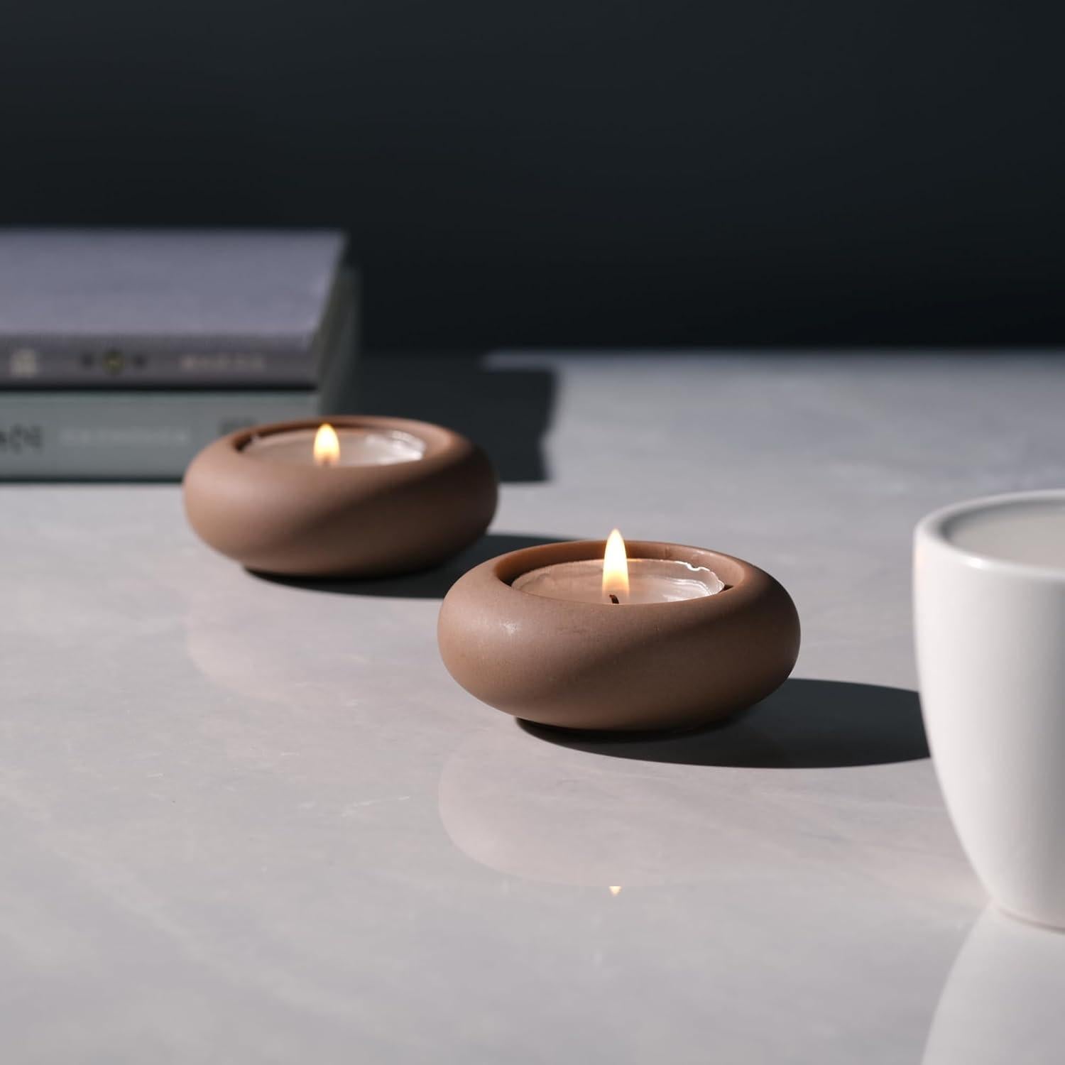 Juego de 2 Portavelas de Té de Cemento Marrón ICNBUYS 6.6 cm