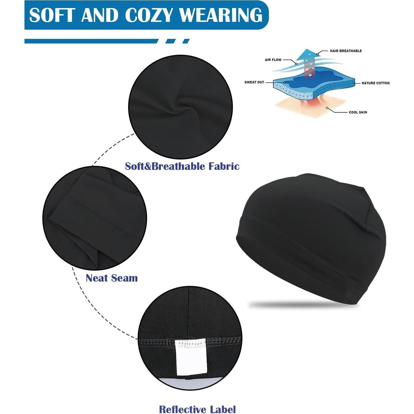 Gorro Beanie Absorbente de Sudor Unisex Negro - 3 Piezas