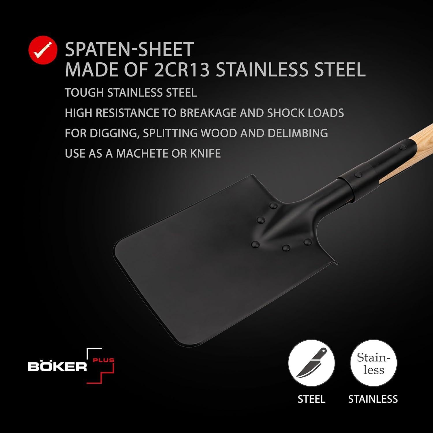 Pala de Campo Boker Plus M1874 - Mango de Madera, 53 cm