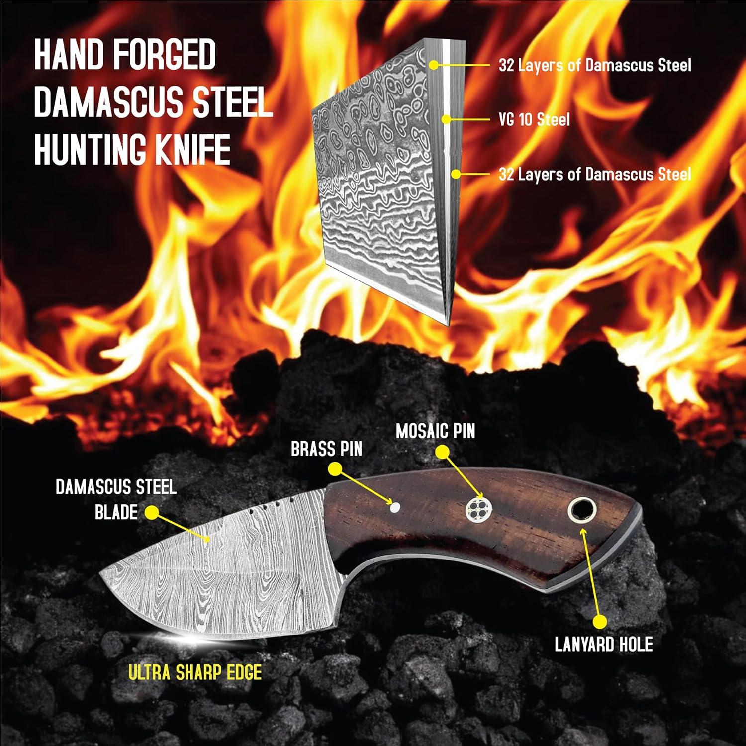 Cuchillo de Caza FH TRADERS 15.24 cm Damasco Mango de Rosa