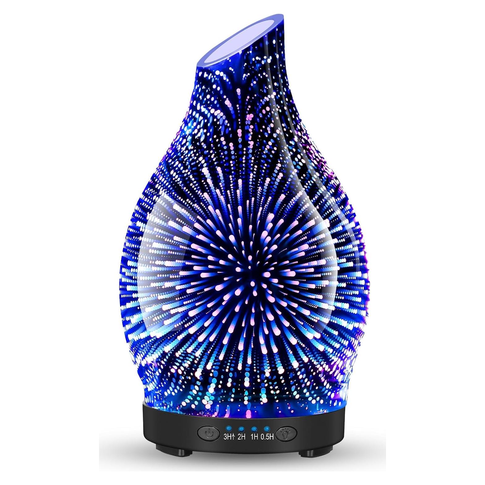 120ML Essential Oil Diffuser, 3D Glass Aromatherapy Diffuser with Auto Shut-Off and 7 Color LED Lights, Ultrasonic Mist Humidifier with 4 Timer for Home Office Bedroom (3D Fireworks)
