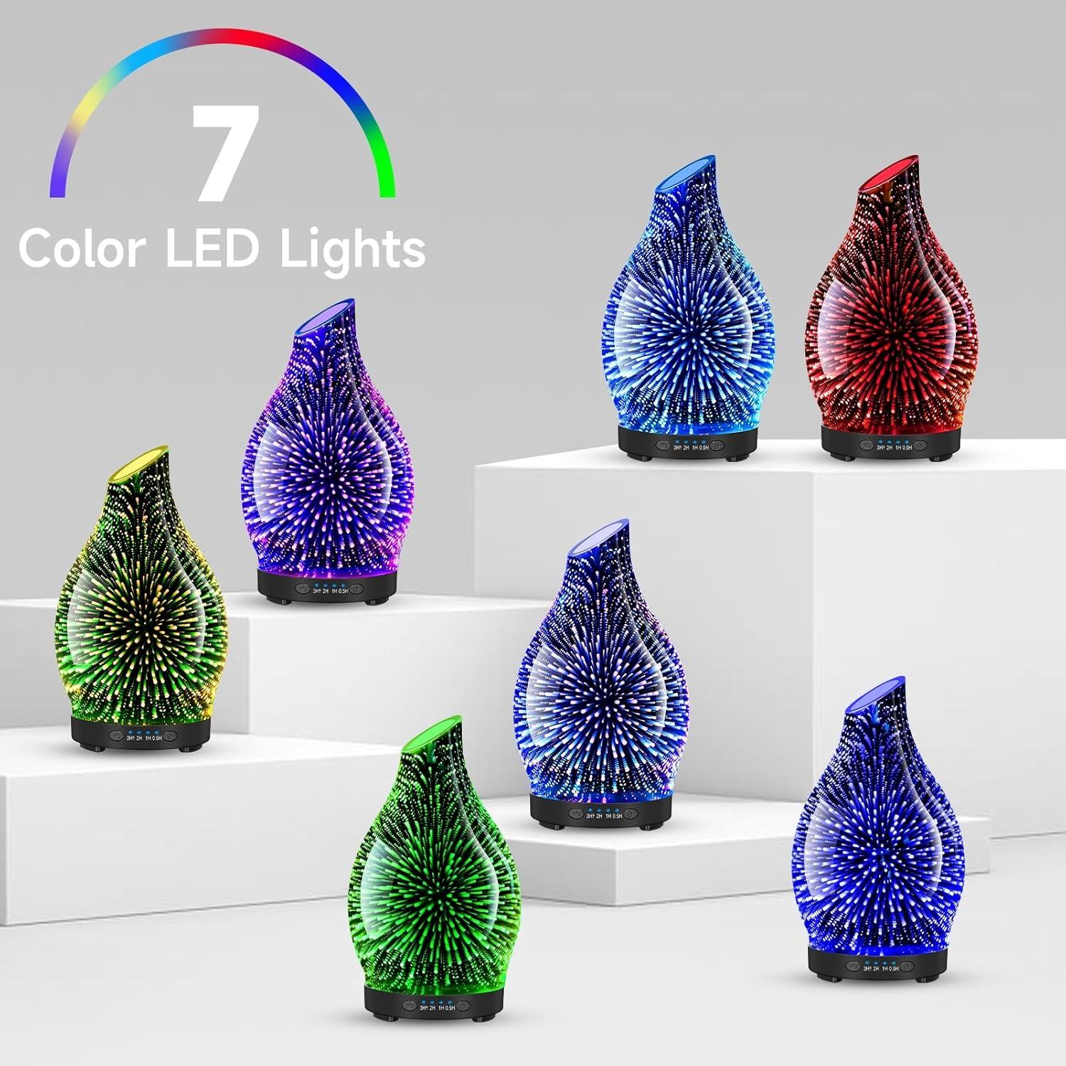 120ML Essential Oil Diffuser, 3D Glass Aromatherapy Diffuser with Auto Shut-Off and 7 Color LED Lights, Ultrasonic Mist Humidifier with 4 Timer for Home Office Bedroom (3D Fireworks)