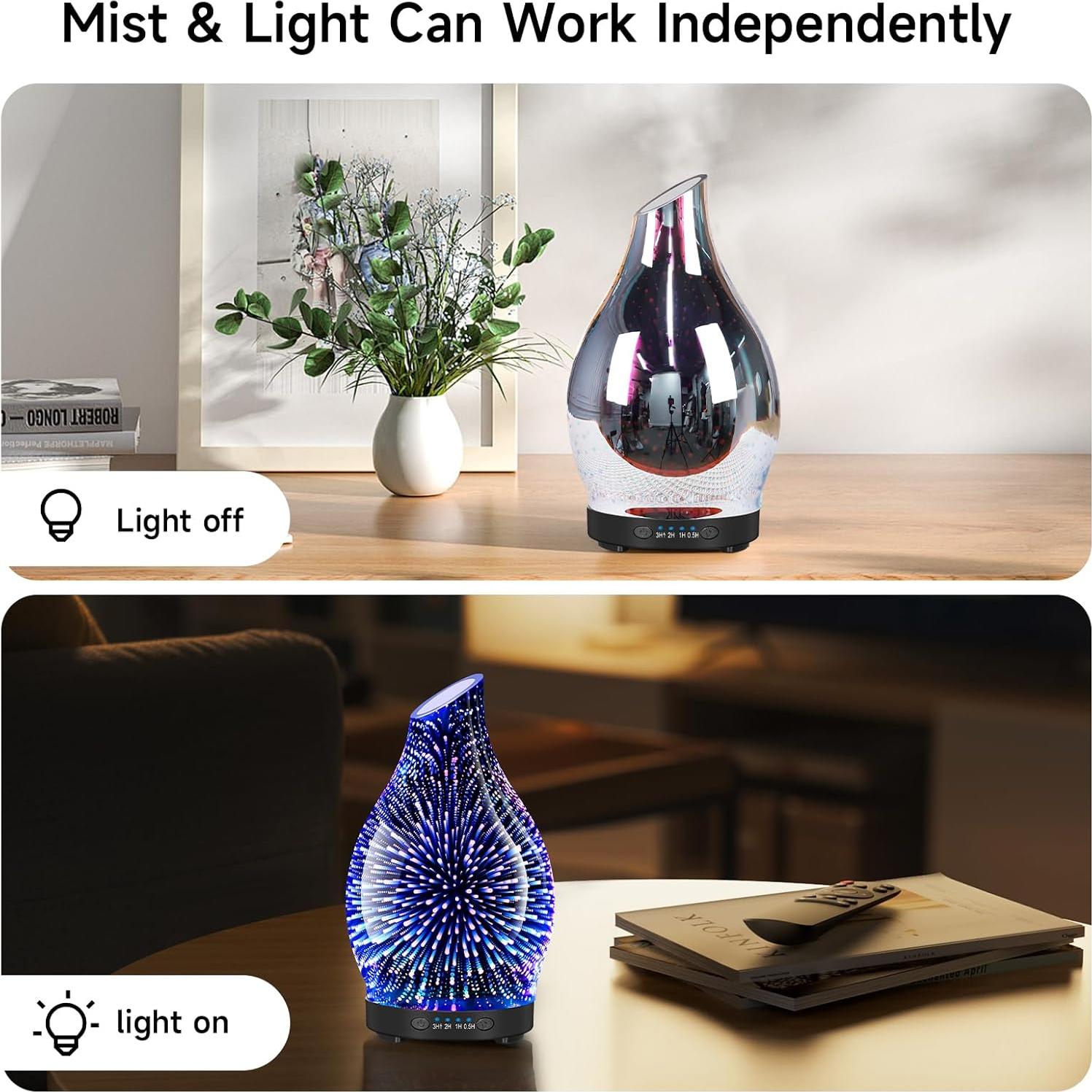 120ML Essential Oil Diffuser, 3D Glass Aromatherapy Diffuser with Auto Shut-Off and 7 Color LED Lights, Ultrasonic Mist Humidifier with 4 Timer for Home Office Bedroom (3D Fireworks)