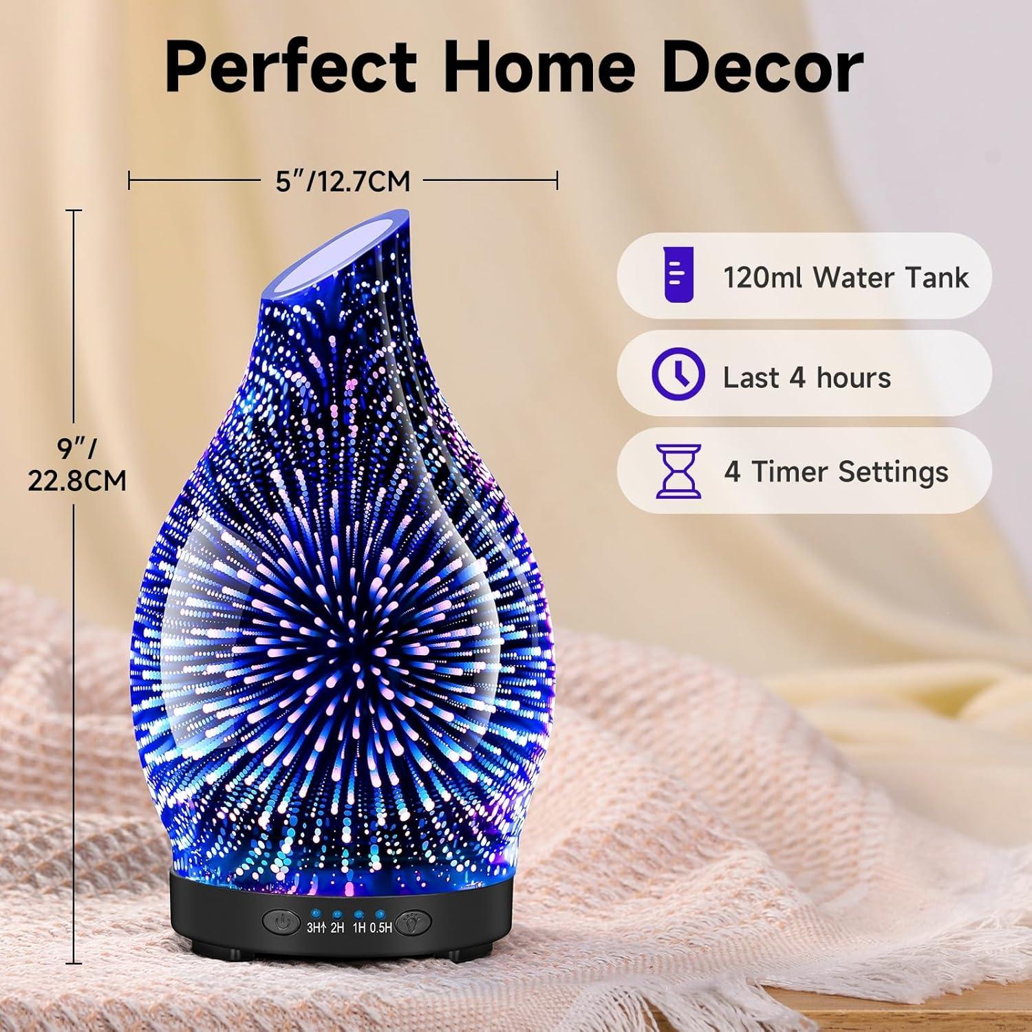 120ML Essential Oil Diffuser, 3D Glass Aromatherapy Diffuser with Auto Shut-Off and 7 Color LED Lights, Ultrasonic Mist Humidifier with 4 Timer for Home Office Bedroom (3D Fireworks)