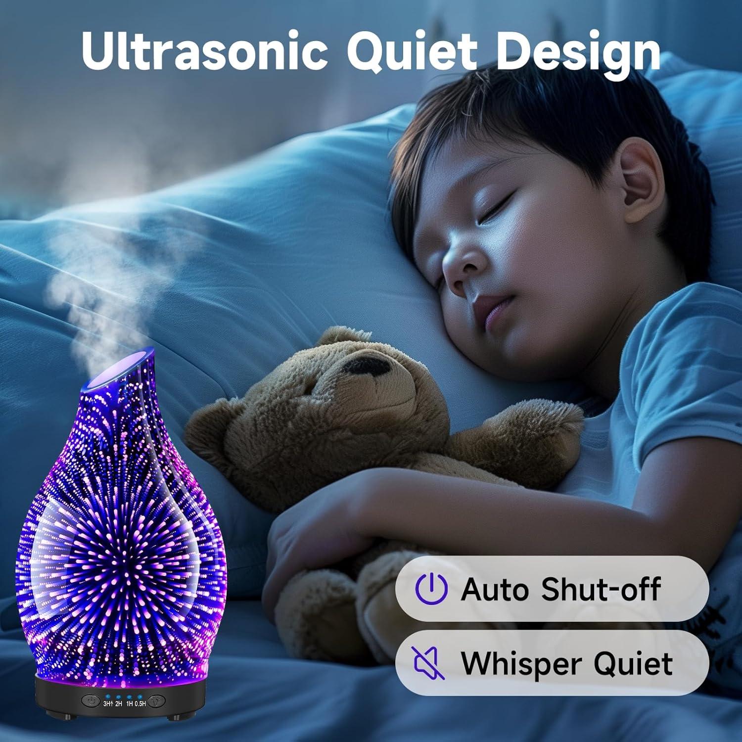 120ML Essential Oil Diffuser, 3D Glass Aromatherapy Diffuser with Auto Shut-Off and 7 Color LED Lights, Ultrasonic Mist Humidifier with 4 Timer for Home Office Bedroom (3D Fireworks)