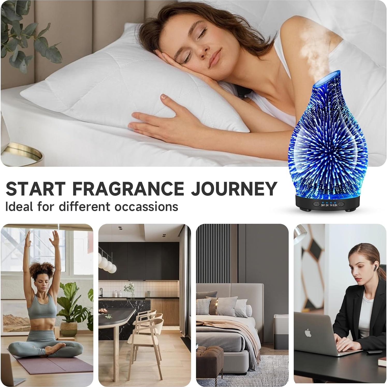120ML Essential Oil Diffuser, 3D Glass Aromatherapy Diffuser with Auto Shut-Off and 7 Color LED Lights, Ultrasonic Mist Humidifier with 4 Timer for Home Office Bedroom (3D Fireworks)