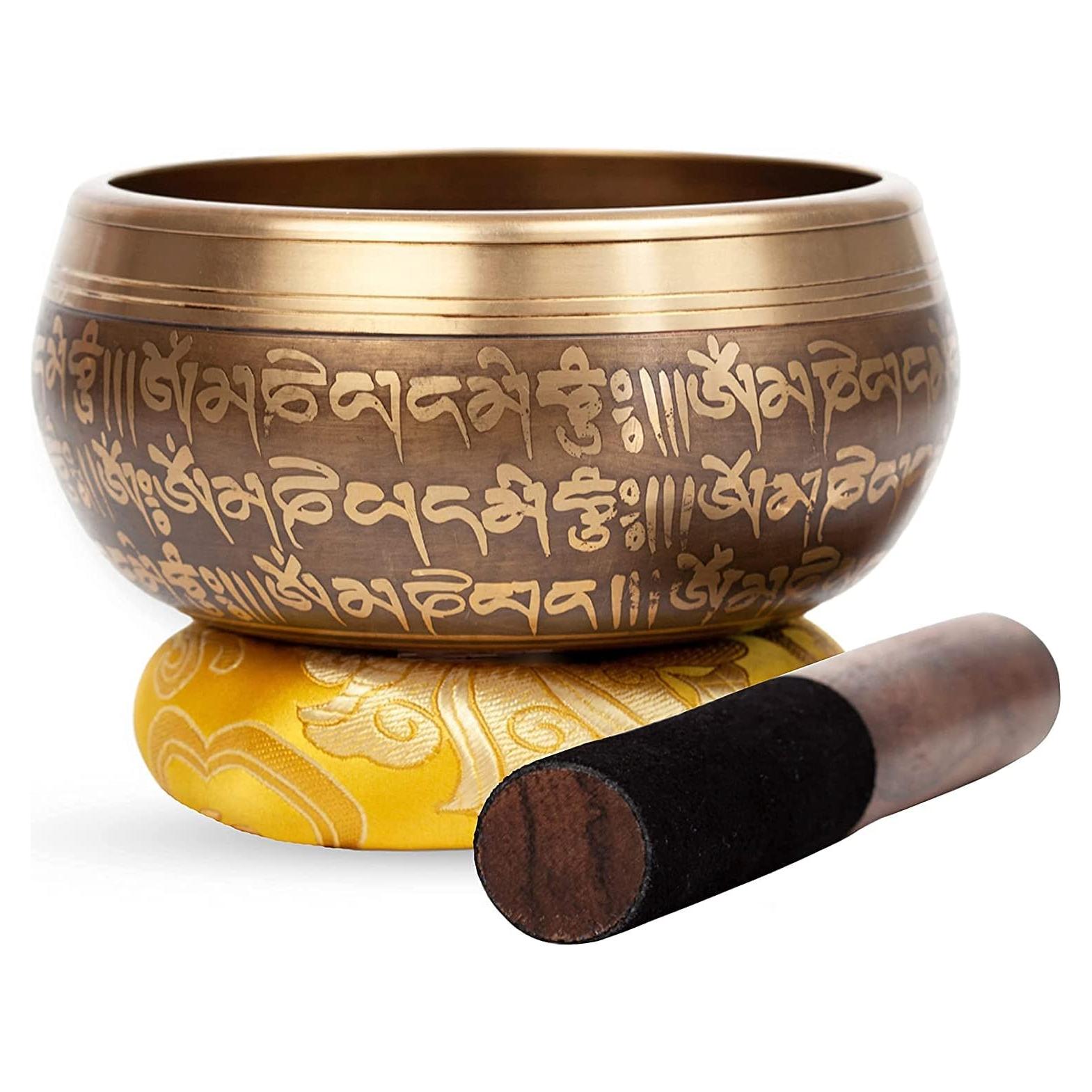 Large Tibetan Singing bowl Set - Bronze Style - Easy To Play - 5" Sound Yoga Bowl Mantra Design Mindfulness Meditation Healing Sound Gift By Himalayan Bazaar