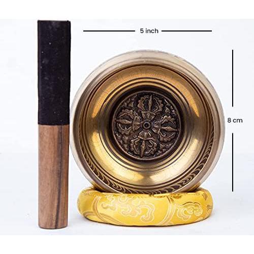 Large Tibetan Singing bowl Set - Bronze Style - Easy To Play - 5" Sound Yoga Bowl Mantra Design Mindfulness Meditation Healing Sound Gift By Himalayan Bazaar