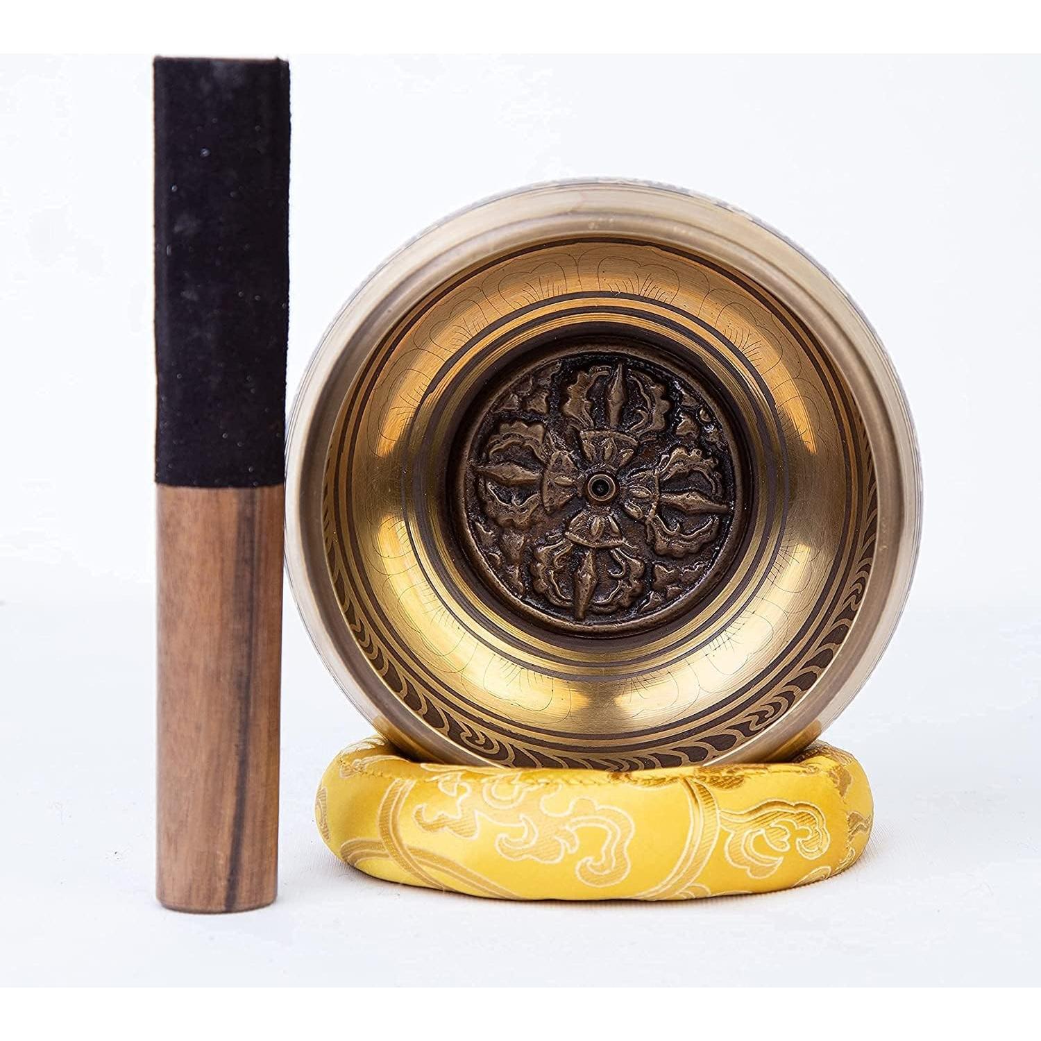 Large Tibetan Singing bowl Set - Bronze Style - Easy To Play - 5" Sound Yoga Bowl Mantra Design Mindfulness Meditation Healing Sound Gift By Himalayan Bazaar