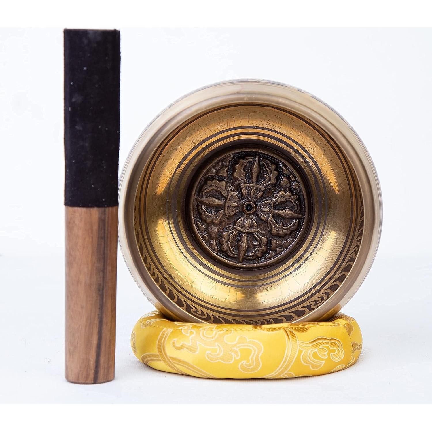 Large Tibetan Singing bowl Set - Bronze Style - Easy To Play - 5" Sound Yoga Bowl Mantra Design Mindfulness Meditation Healing Sound Gift By Himalayan Bazaar