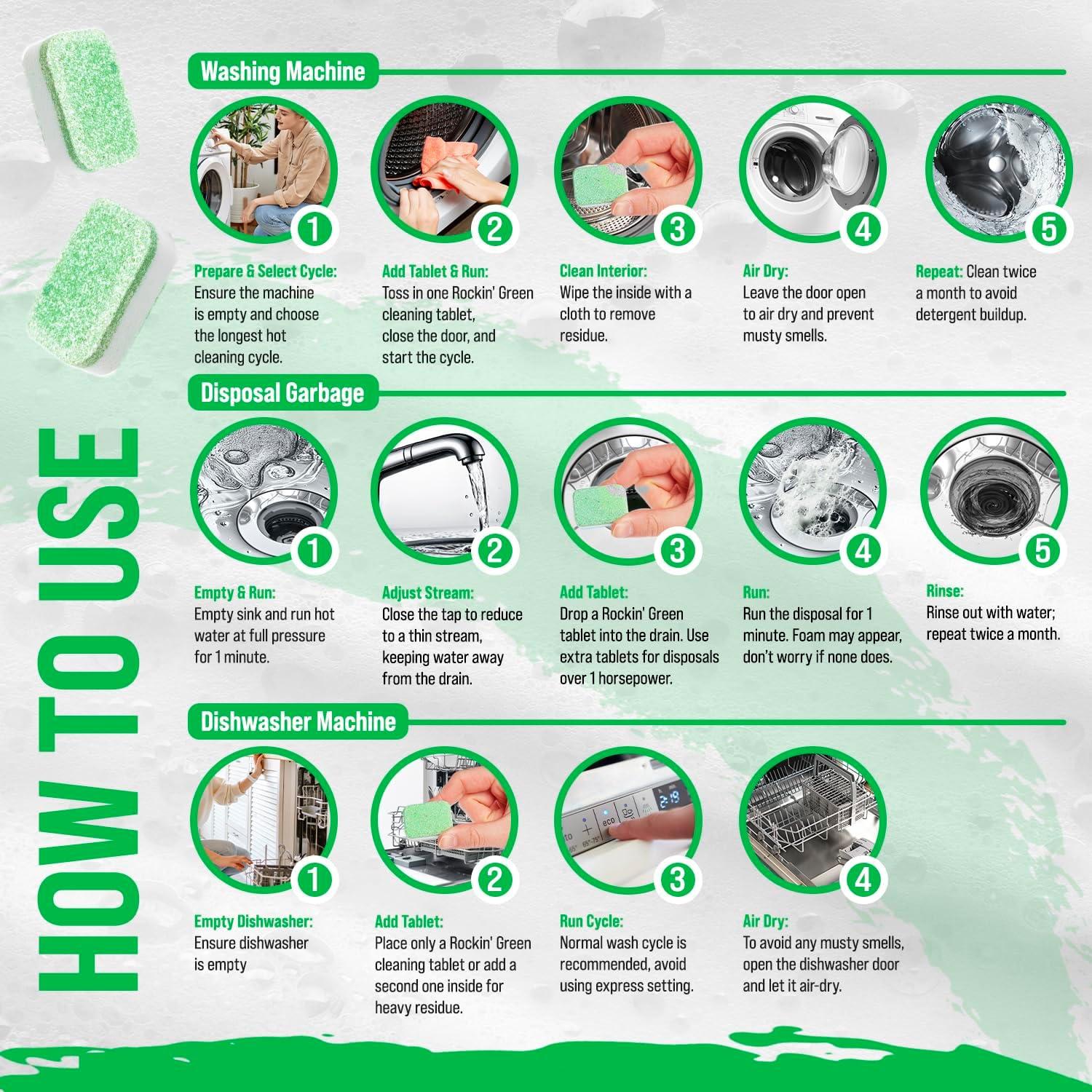 Tabletas de Limpieza Rockin' Green para Lavadora y Lavavajillas - 24 Unidades