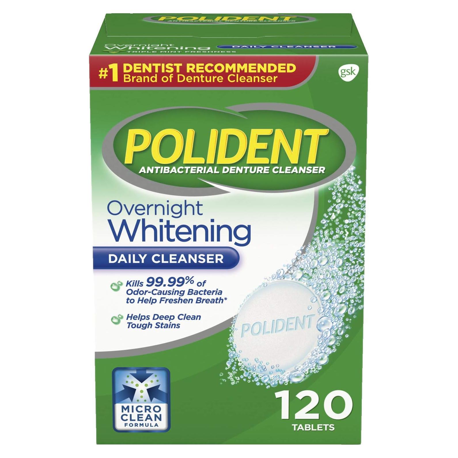 Limpiador de Dentaduras Polident Blanqueador Nocturno 120 Tabletas