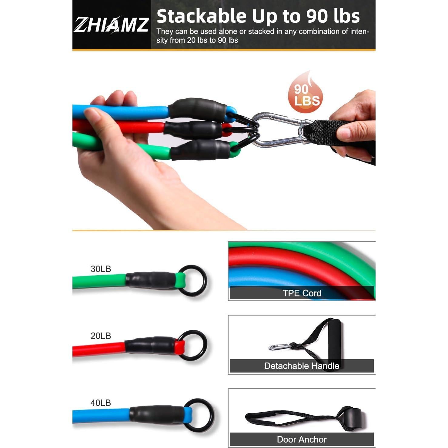 Bandas de Resistencia Zhiamz con Mangos - 40.8kg, Antideslizante