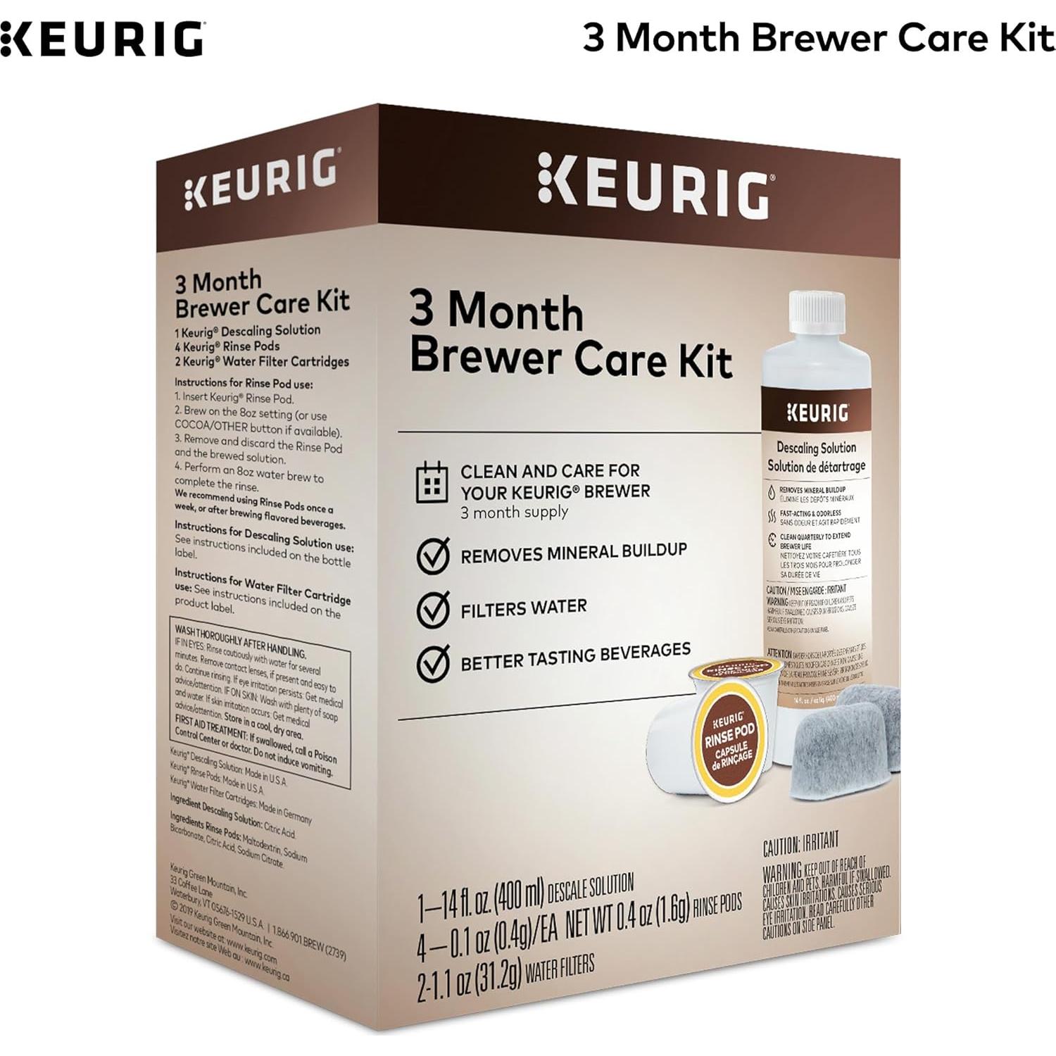 Keurig Kit de Mantenimiento de Cafetera 3 Meses - Solución Desincrustante, Filtros y Cápsulas
