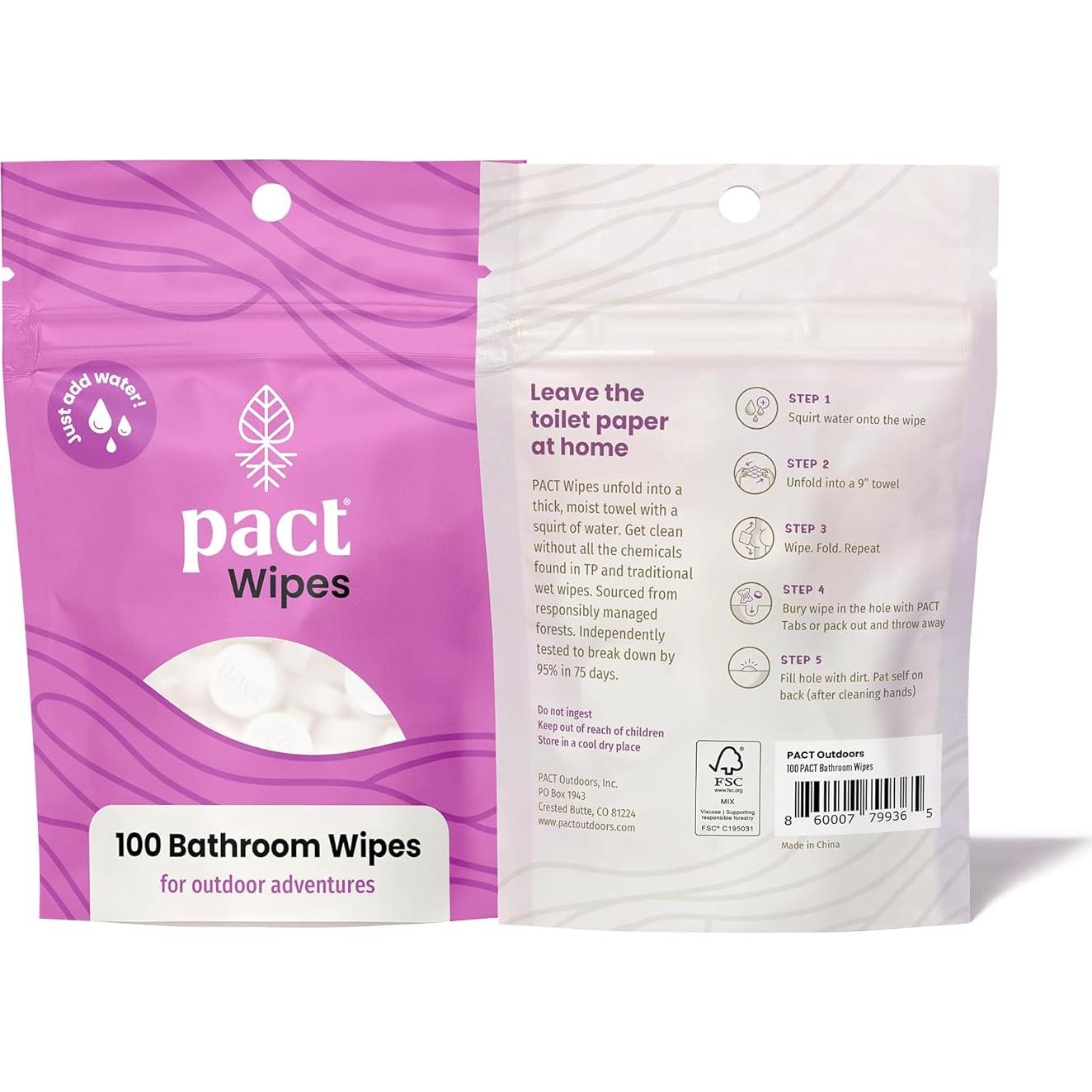 Toallitas de baño PACT 100 unidades compostables para acampar
