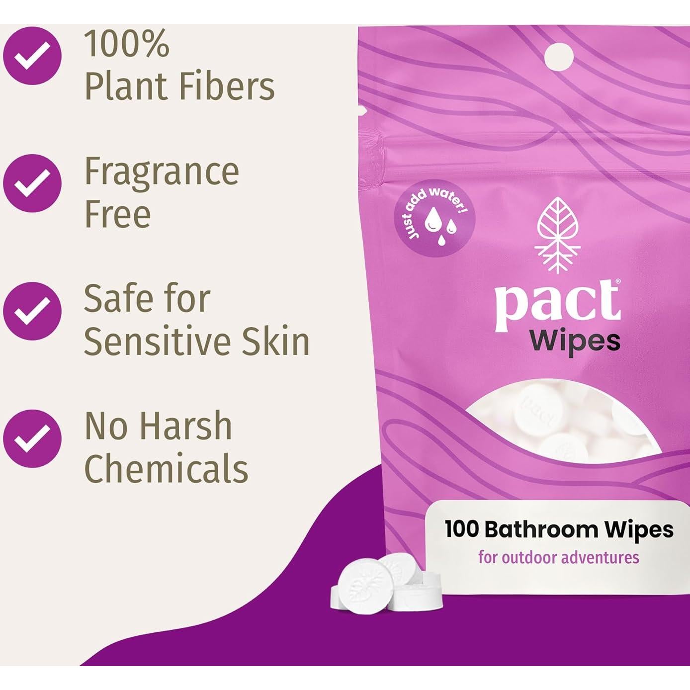 Toallitas de baño PACT 100 unidades compostables para acampar