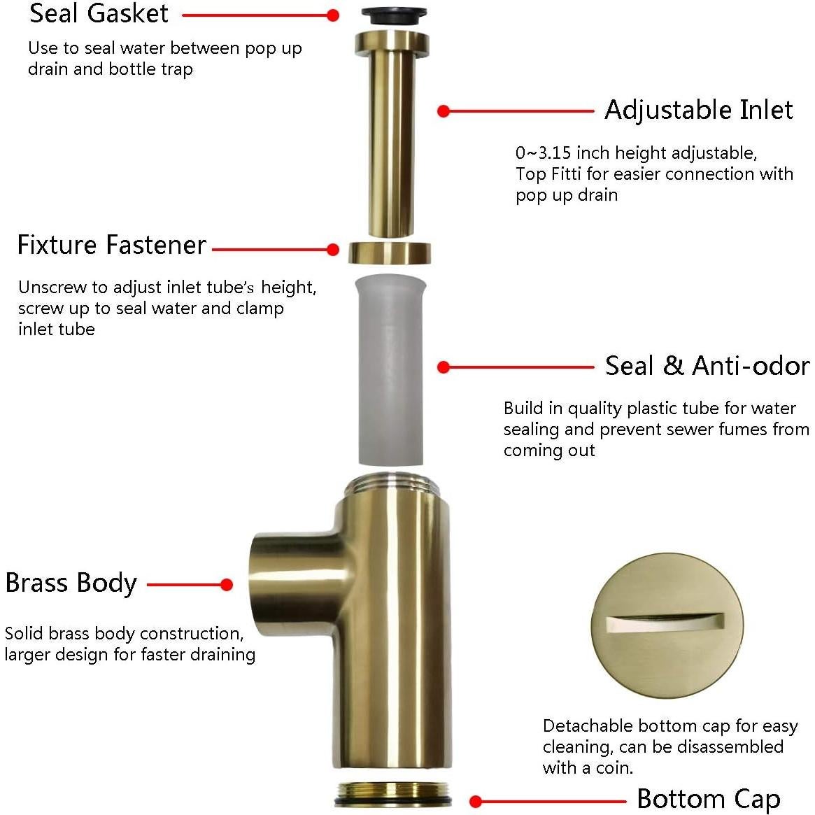 Trampa P de Botella TRUSTMI de Latón Oro Cepillado 13.5-21.6 cm