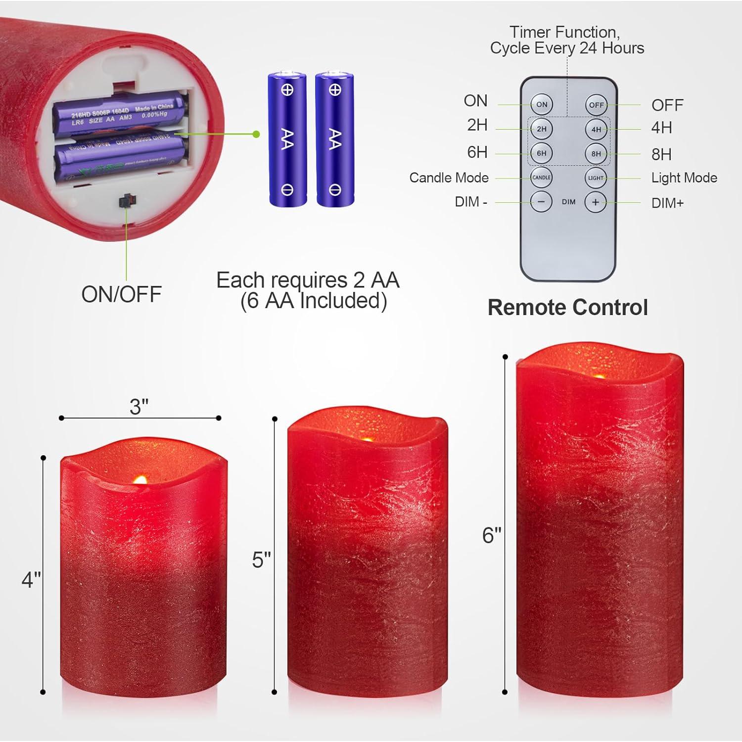 Paquete de 3 Velas LED Sin Llama M Mirrowing Rojas con Control Remoto