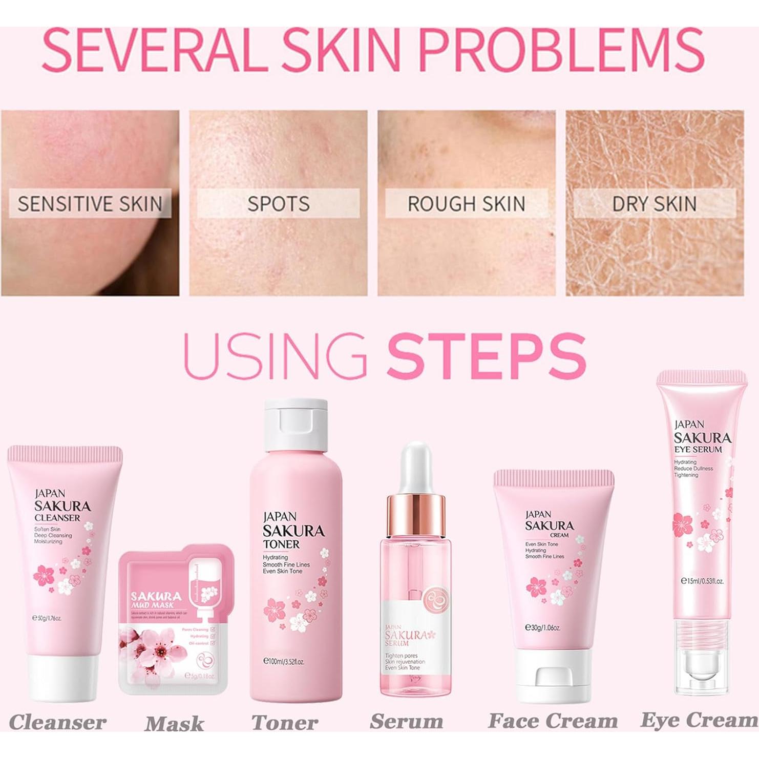 Kit de Cuidado de la Piel Sakura Fashion Base 7 Piezas Hidratante