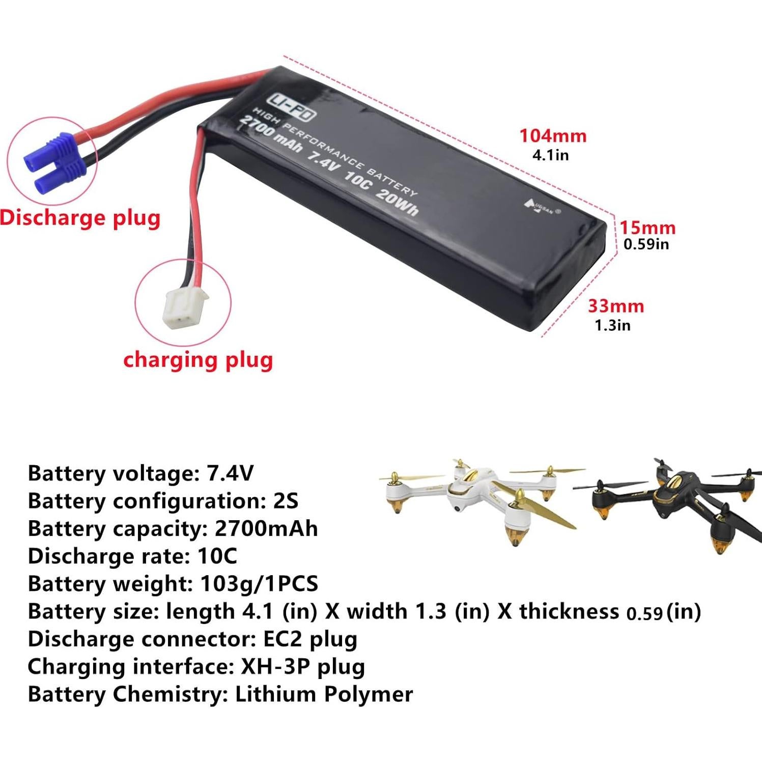 Batería Lipo 2PCS 7.4V 2700mAh 10C para Hubsan H501S