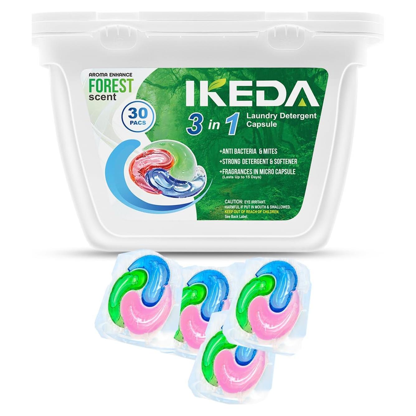 Cápsulas de Lavado 3 en 1 Ikeda - 30 Piezas Fragancia Bosque
