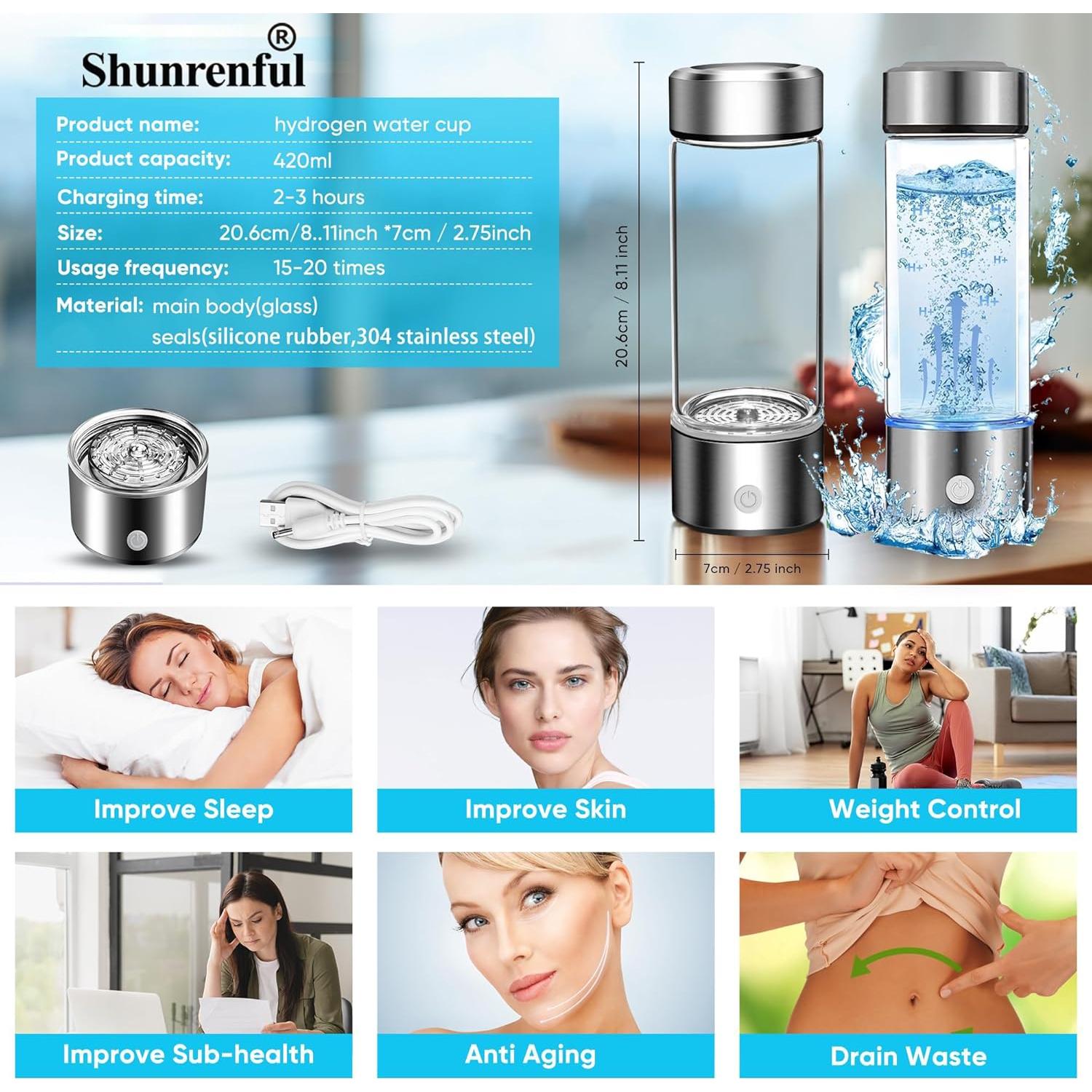 Hydrogen Water Bottle Generator Machine Updated, Portable Hydrogen Water Ionizer Machine Rechargeable, Hydrogen Rich Water Glass Health Cup 420ml Gift for Friends/Women/Men/Mom/Father/Grandpa/Grandma