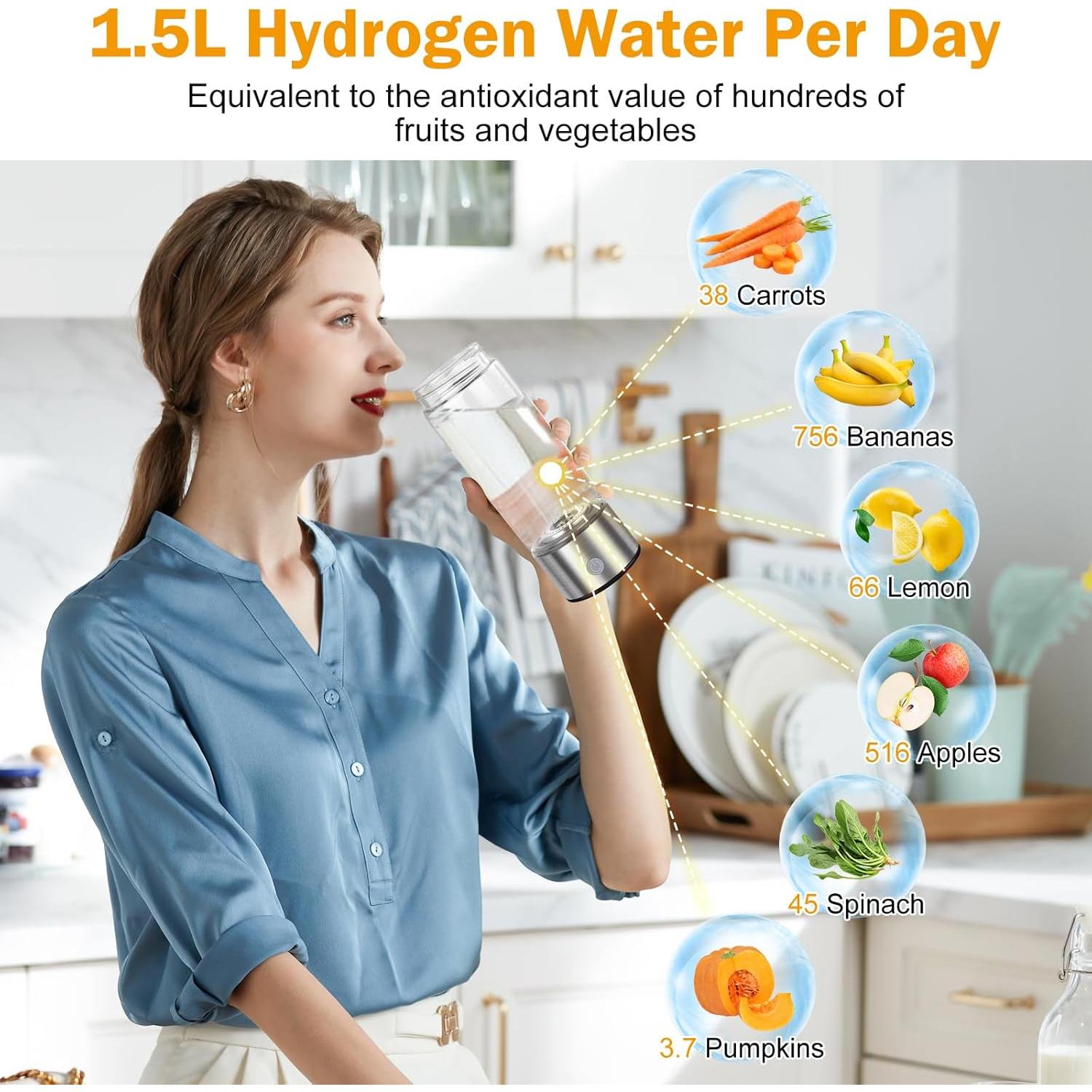 Botella de Agua Hidrógeno WIYYH 420ml Plata - Ionizador Portátil