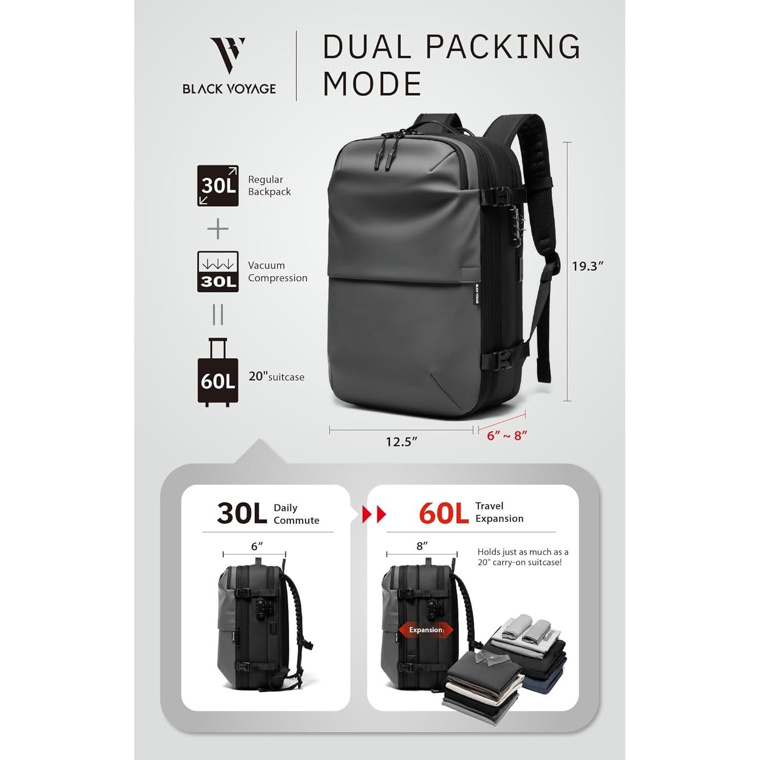 Mochila de Viaje BlackVoyage Vortex 60L con Bomba de Vacío