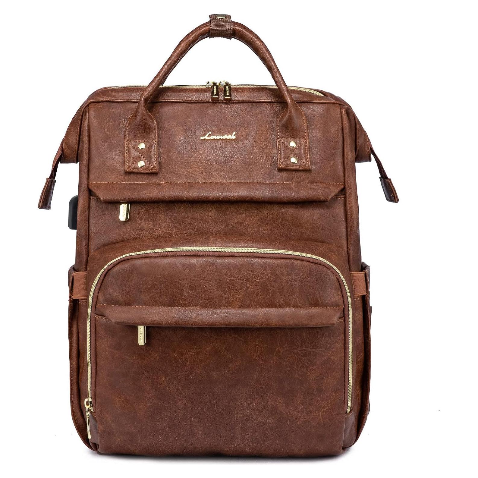Mochila de Cuero LOVEVOOK 18" para Mujeres con USB Marrón Rojo