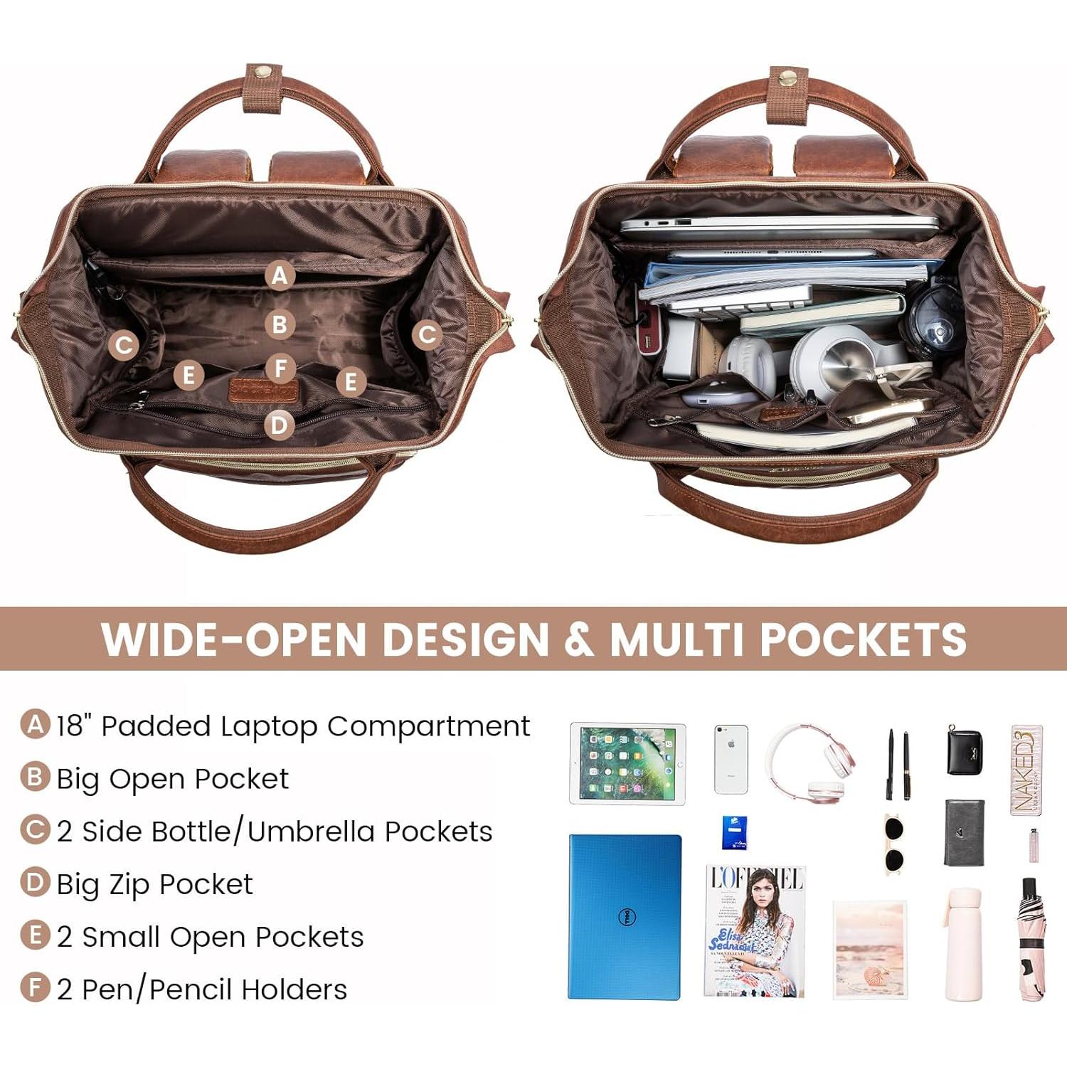 Mochila de Cuero LOVEVOOK 18" para Mujeres con USB Marrón Rojo