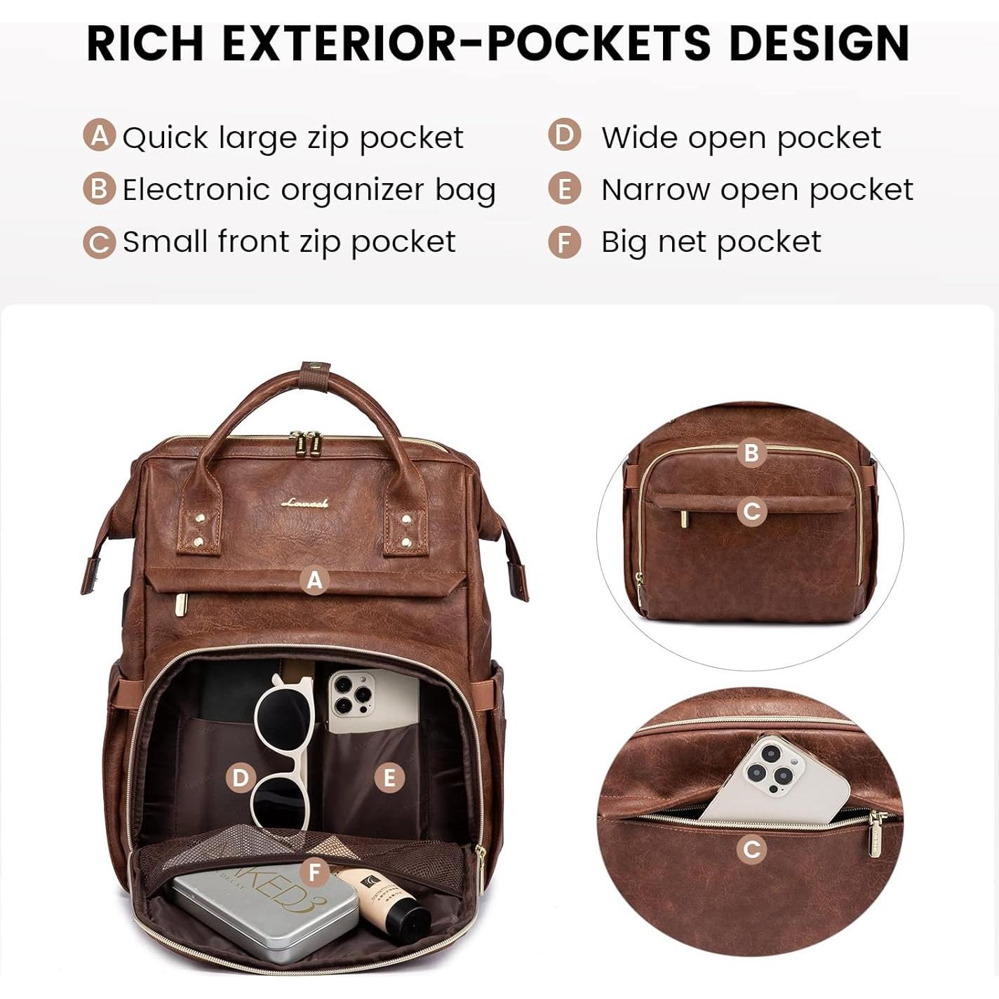 Mochila de Cuero LOVEVOOK 18" para Mujeres con USB Marrón Rojo