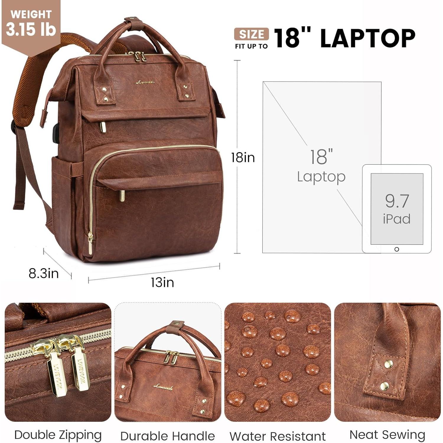 Mochila de Cuero LOVEVOOK 18" para Mujeres con USB Marrón Rojo