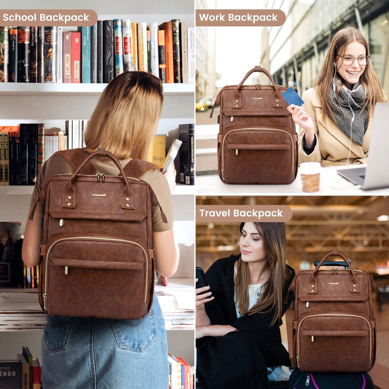 Mochila de Cuero LOVEVOOK 18" para Mujeres con USB Marrón Rojo