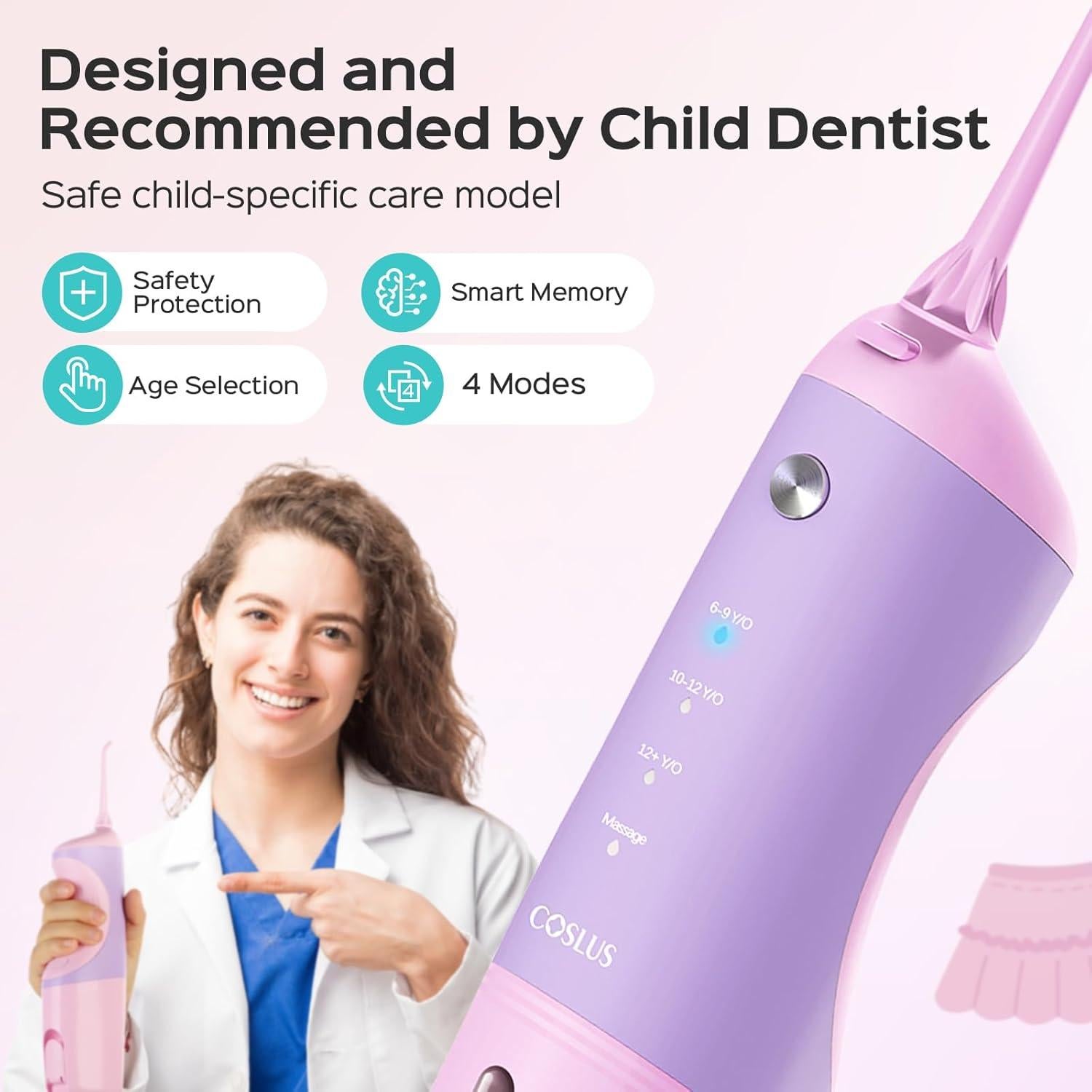 Hilo Dental de Agua COSLUS Kids Rosa Púrpura 150ml 4 Modos