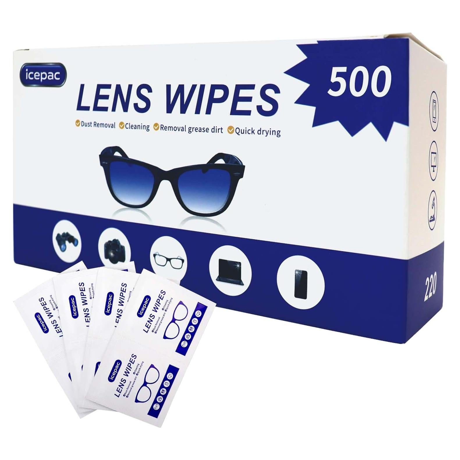 Toallitas de limpieza para gafas Icepac - 500 unidades prehumedecidas