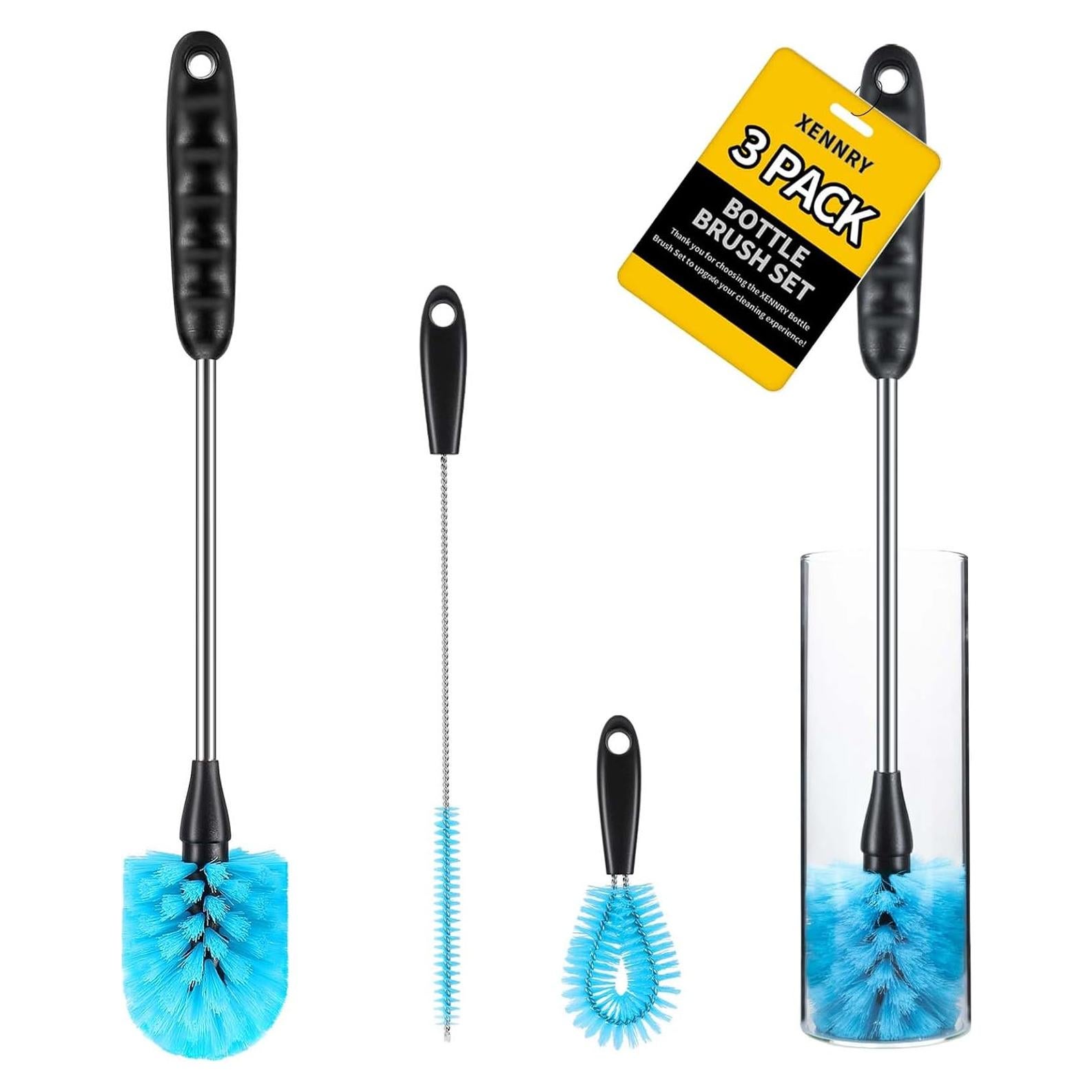 Cepillo Limpiador de Botellas XENNRY, Set 3 en 1, Azul