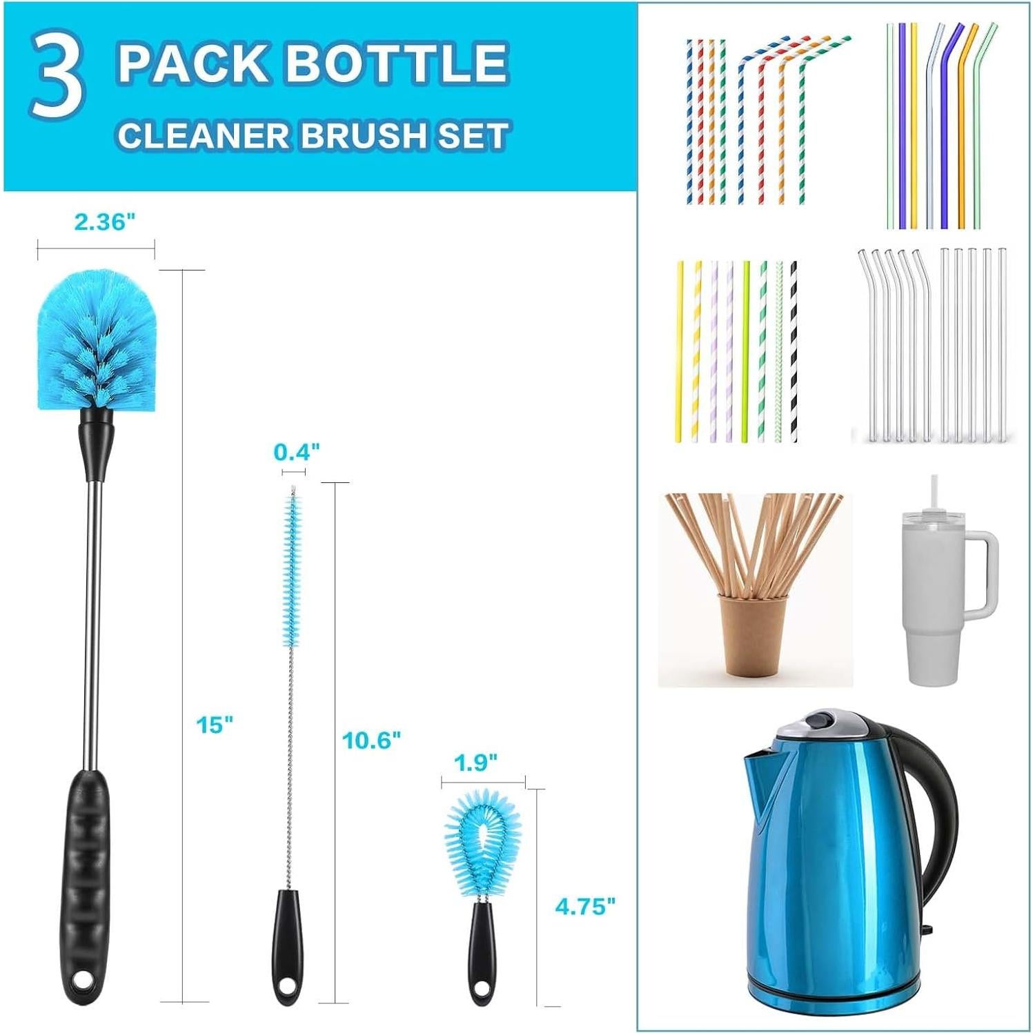 Cepillo Limpiador de Botellas XENNRY, Set 3 en 1, Azul