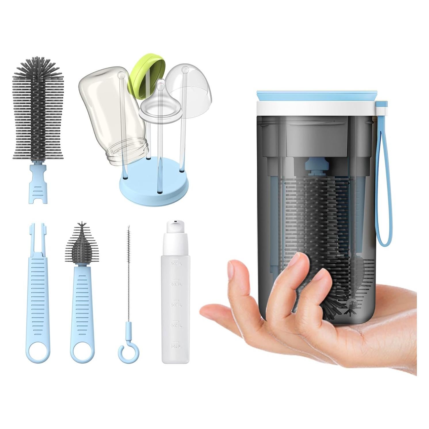 Cepillo de Botellas VOGOGE 3-en-1 con Soporte Secado Azul