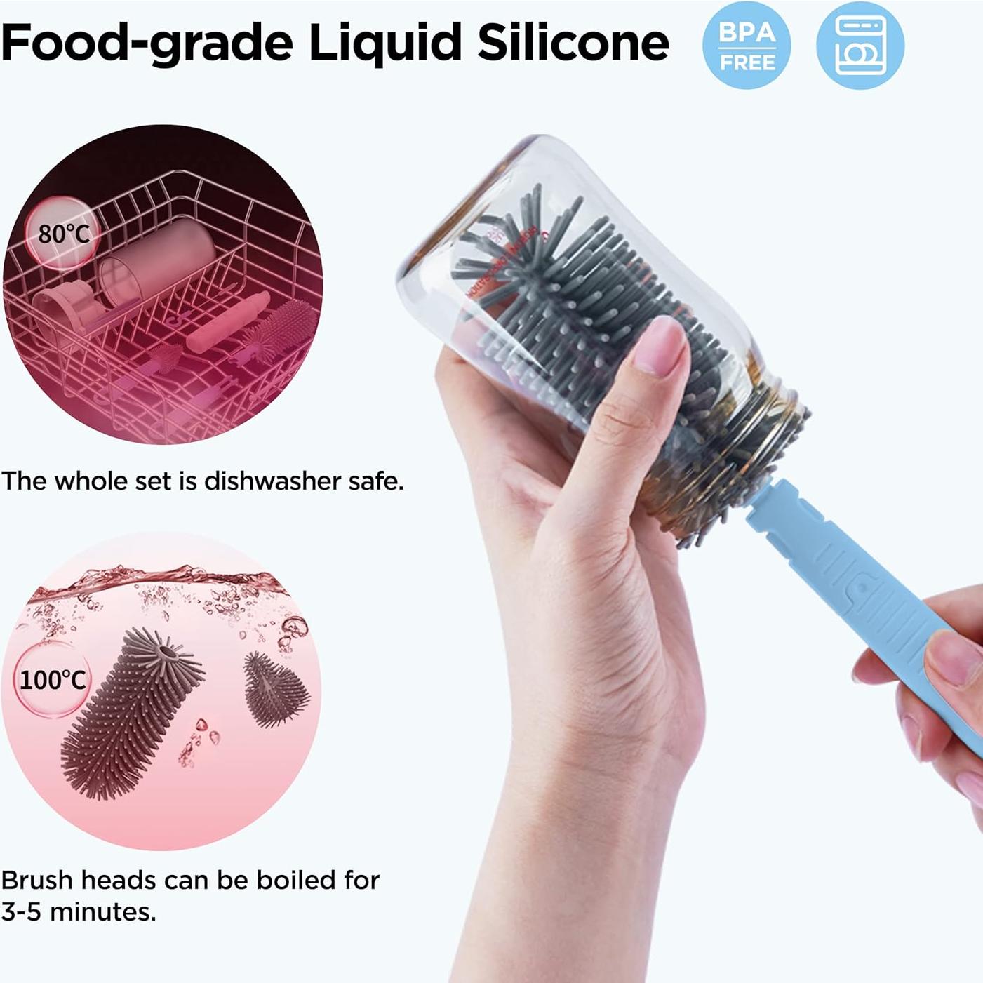 Cepillo de Botellas VOGOGE 3-en-1 con Soporte Secado Azul