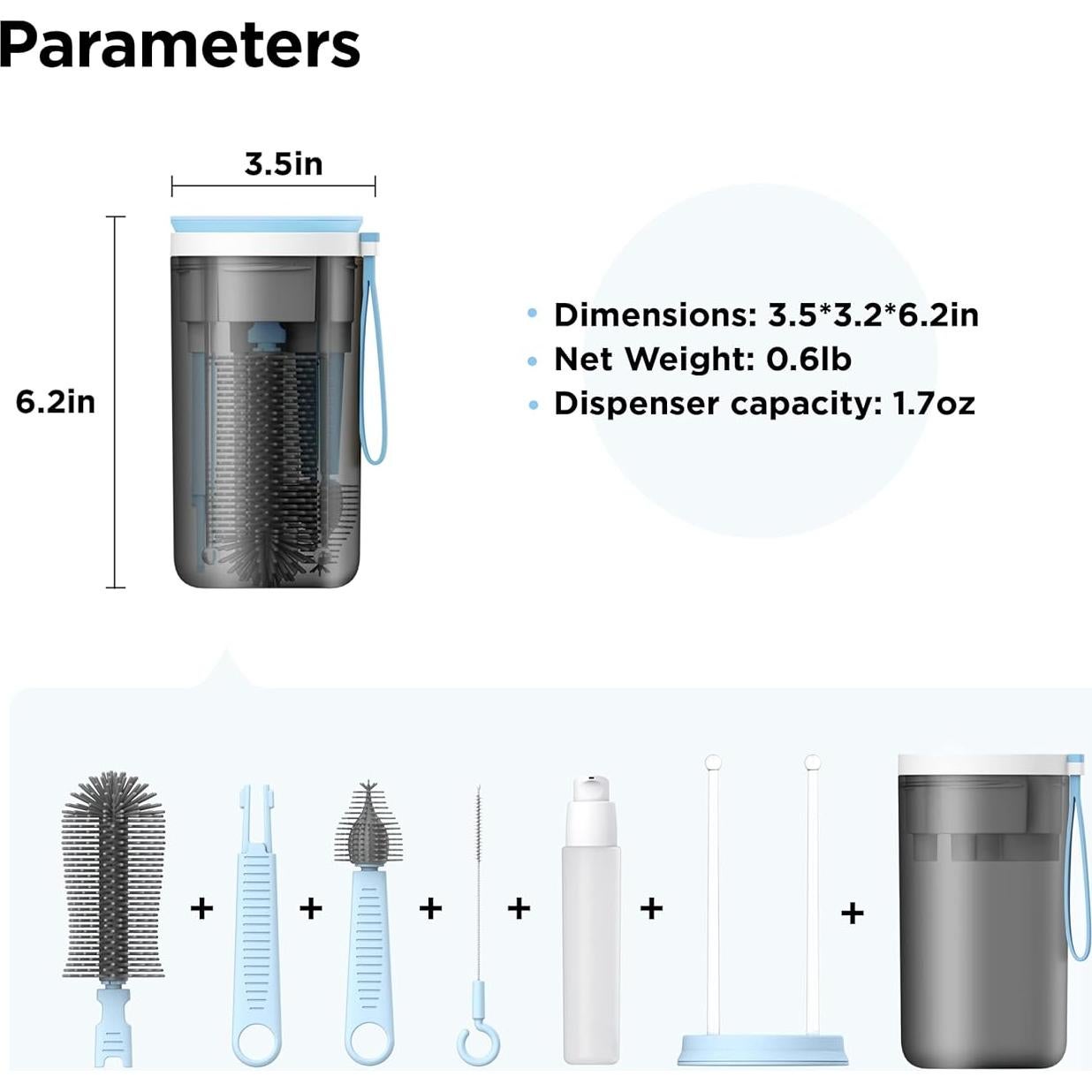 Cepillo de Botellas VOGOGE 3-en-1 con Soporte Secado Azul