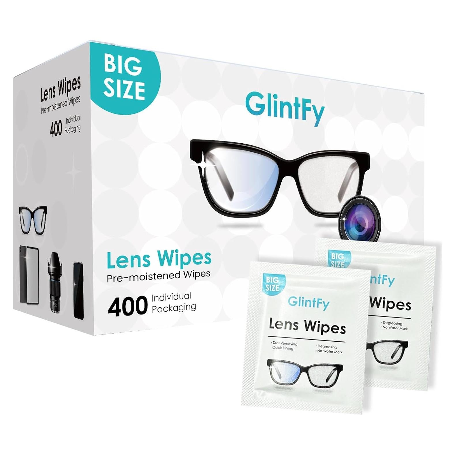 Toallitas limpiadoras de lentes GlintFy - 400 unidades prehumedecidas