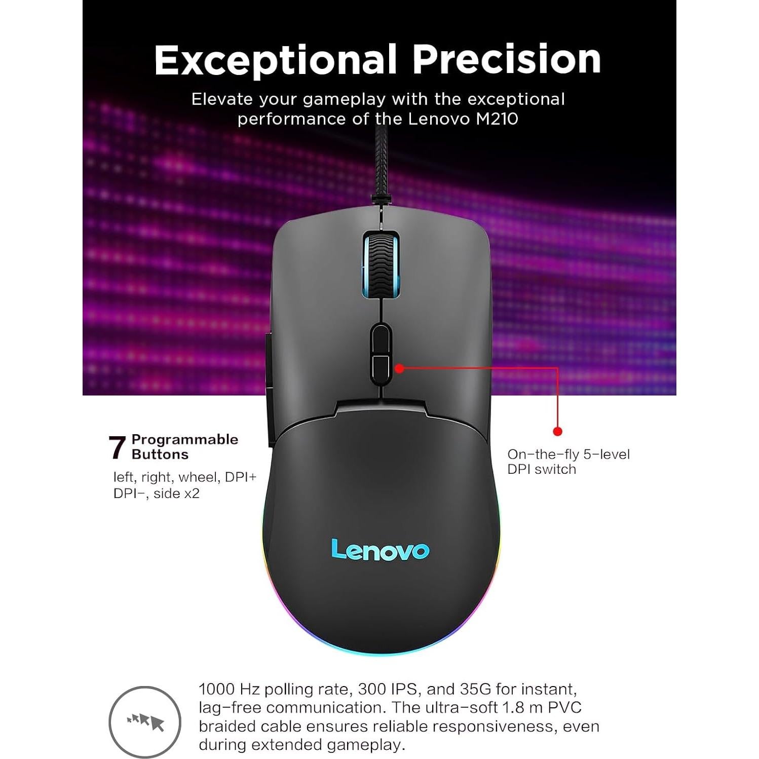 Ratón Gaming Lenovo M210 RGB 8000 DPI 7 Botones Programables